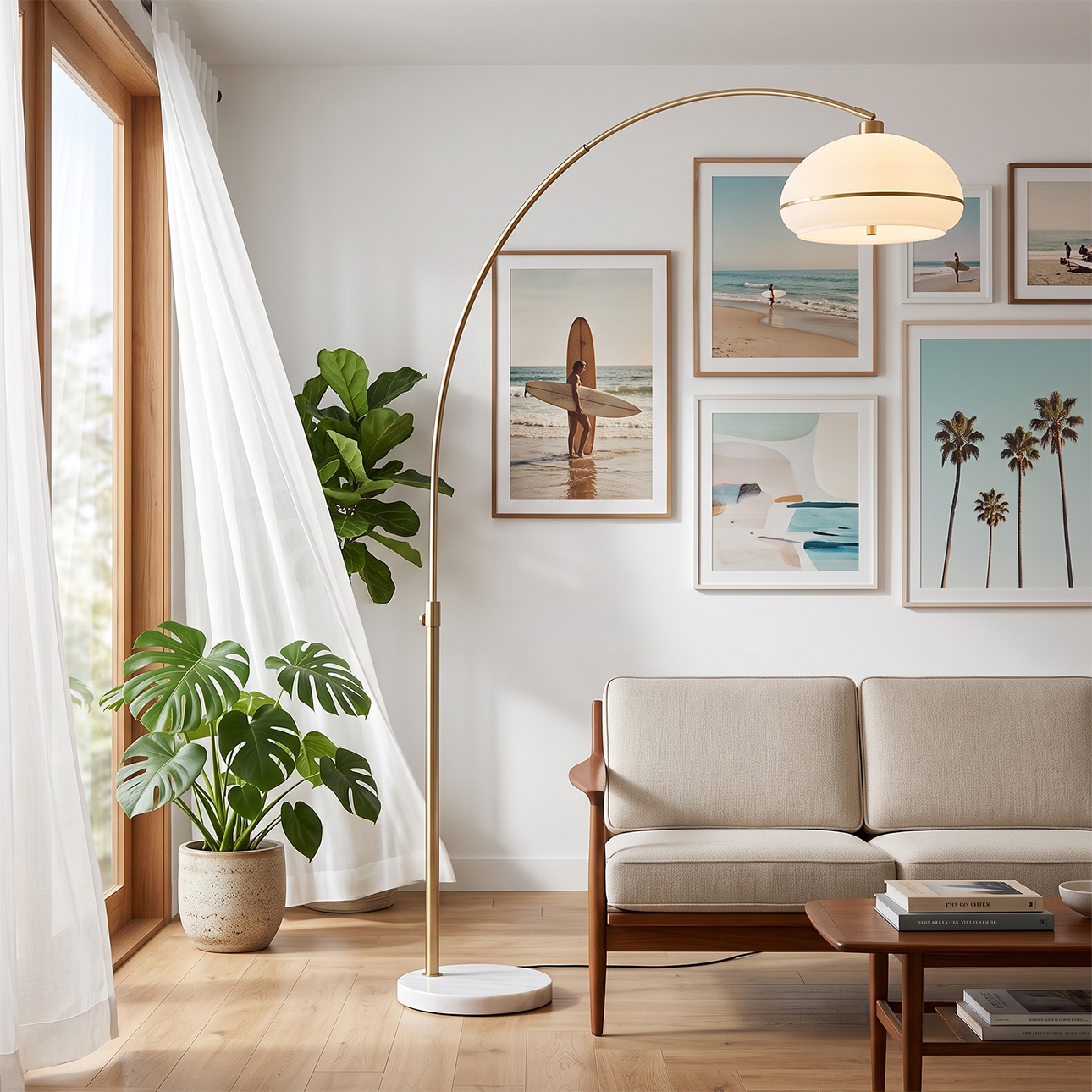 Simple Morelli 85″H 1-Light Arc Lamp, Oval White Lucite Shade, Weathered Brass Lucite Body, White Marble Base, Column Stem Switch