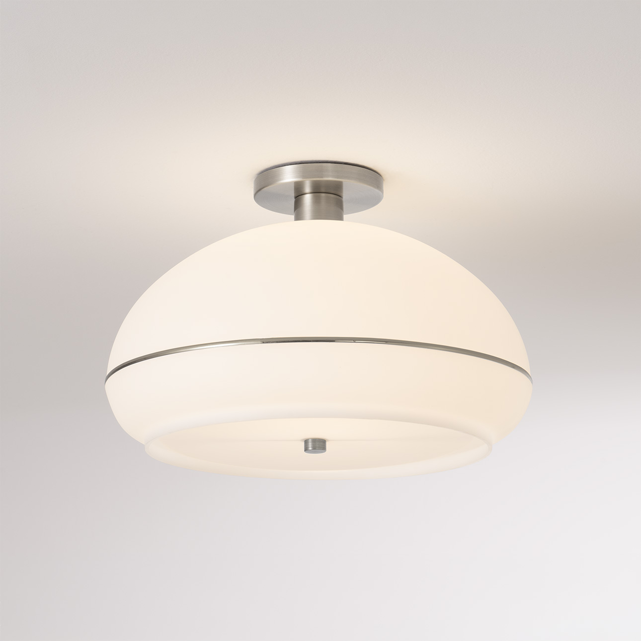Morelli Flush Mount, Satin Nickel Lucite Shade, Satin Nickel Steel Body, Satin Nickel Steel Base