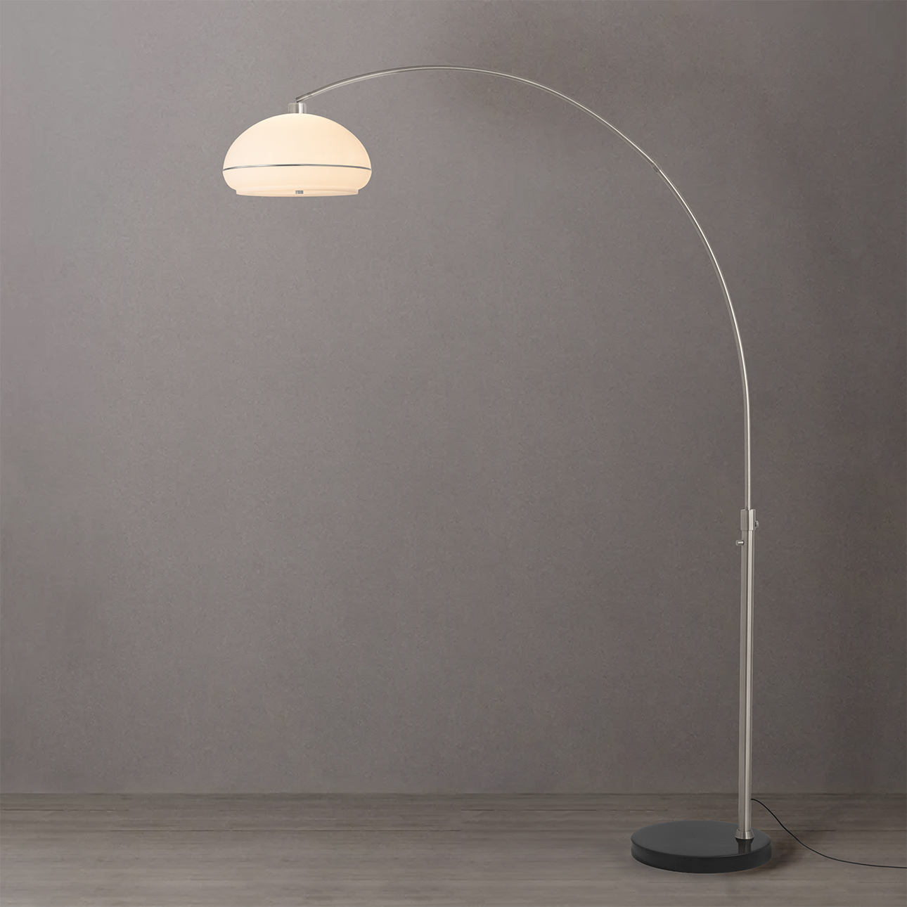 Tambo 92″H 1-Light Arc Lamp, Matte Black/Silver Steel Shade, Satin Nickel Steel Body, Black Oak Wood Base, Floor Foot Slide Dimmer