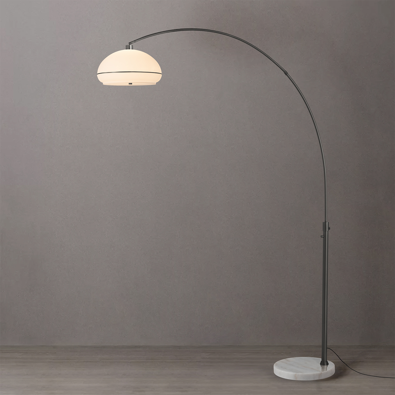 Simple Morelli 85″H 1-Light Arc Lamp, Oval White Lucite Shade, Black Nickel Steel Body, White Marble Base, Column Stem Switch, Dimmable, Bulb Included