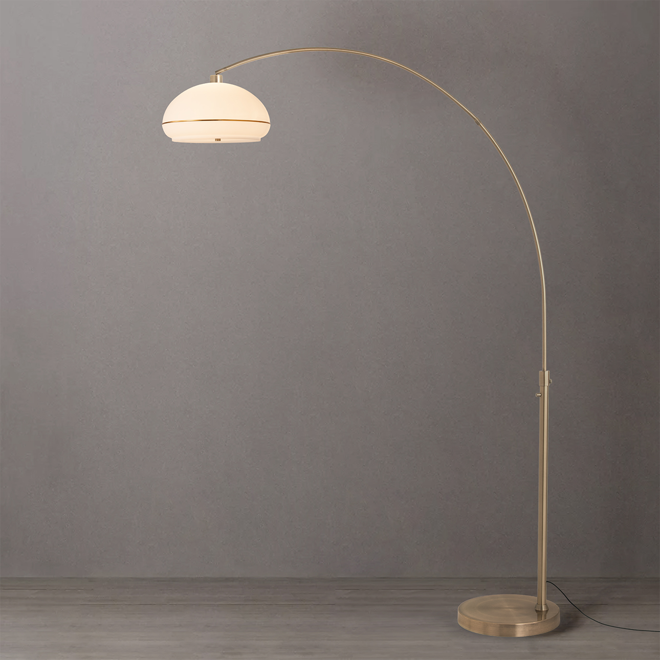 Simple Morelli 85″H 1-Light Arc Lamp, Oval White Lucite Shade, Weathered Brass Steel Body & Base, Column Stem Switch, Dimmable, Bulb Included