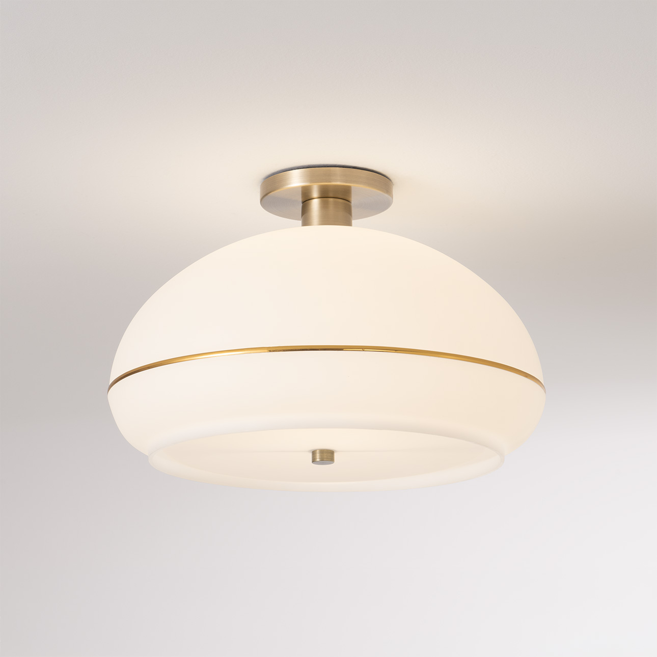 Morelli Flush Mount, White Lucite Shade, Weathered Brass Steel Body & Base