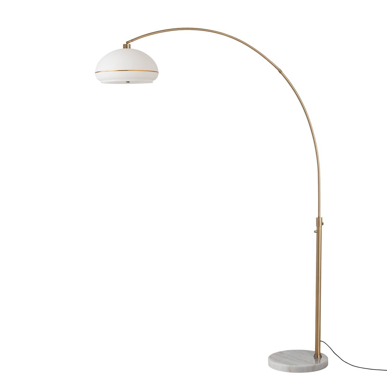 Simple Morelli 85"H 1-Light Arc Lamp, Oval White Lucite Shade, Weathered Brass Lucite Body, White Marble Base, Column Stem Switch