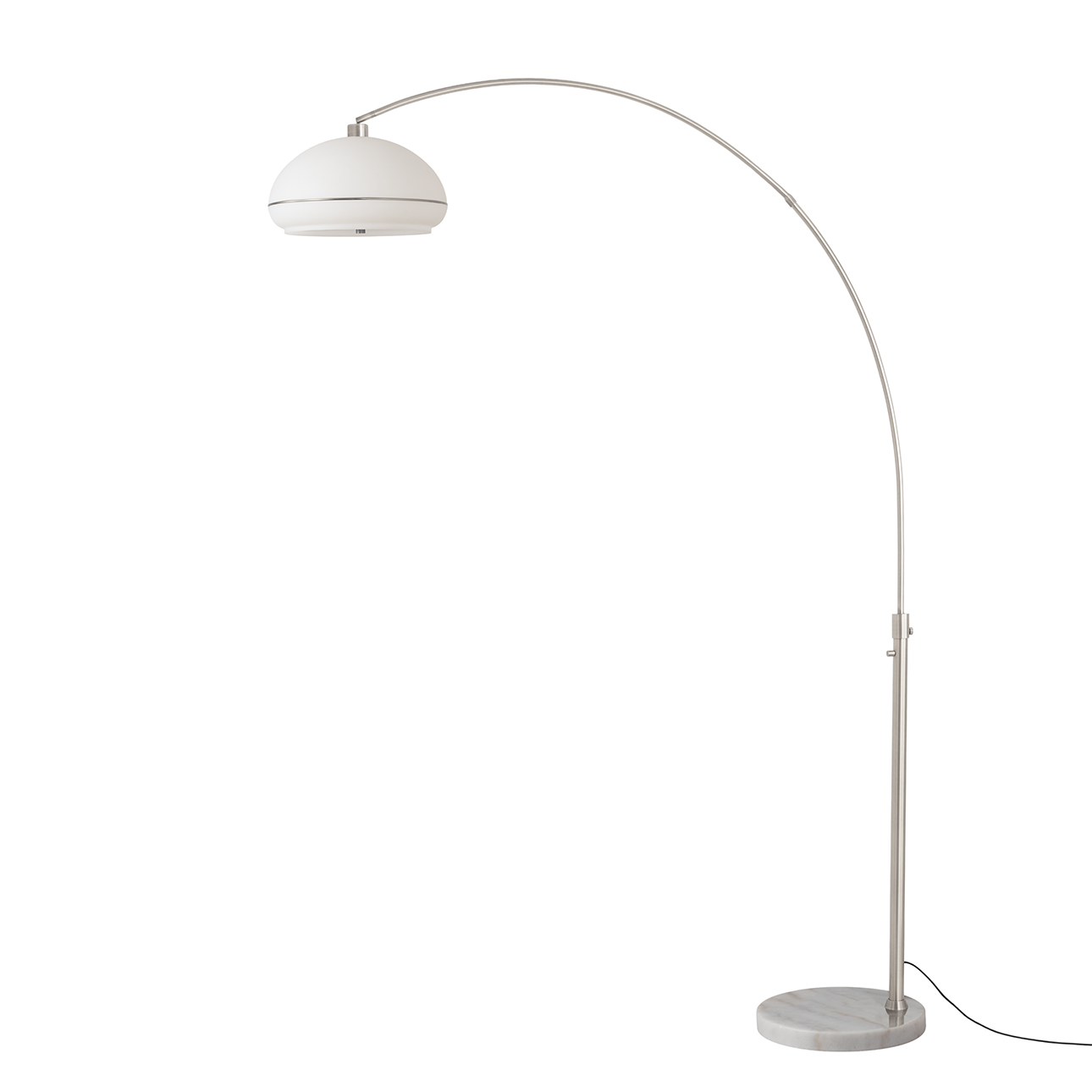 Simple Morelli 85"H 1-Light Arc Lamp, Oval White Lucite Shade, Satin Nickel Steel Body, White Marble Base, Column Stem Switch