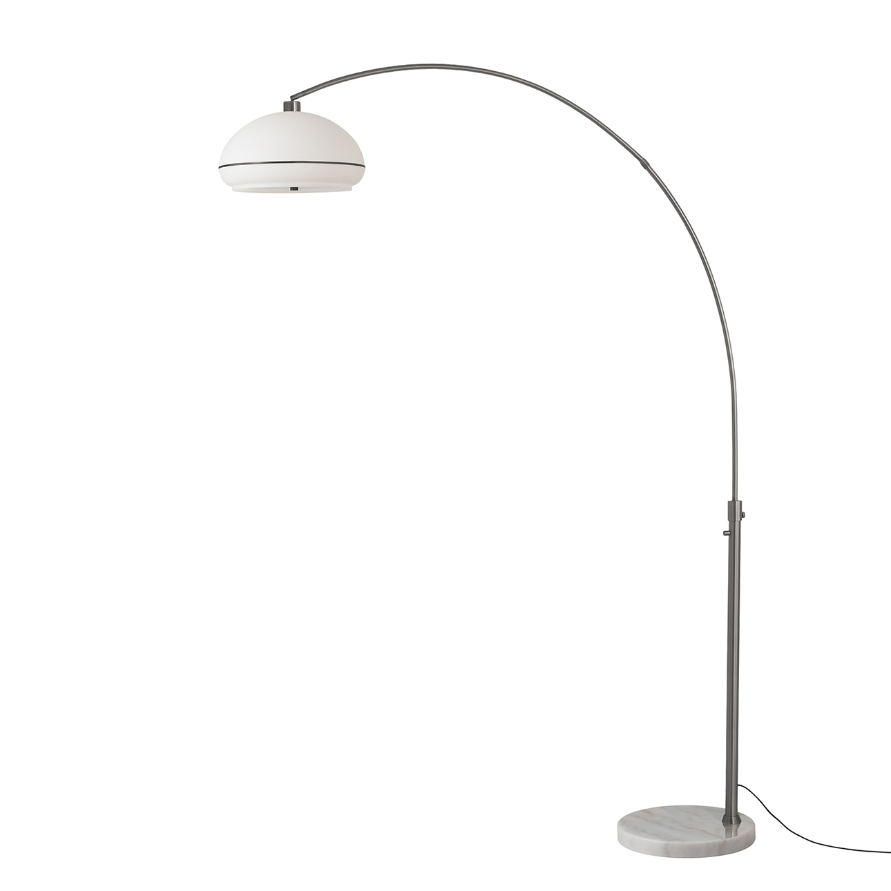 Simple Morelli 85"H 1-Light Arc Lamp, Oval White Lucite Shade, Black Nickel Steel Body, White Marble Base, Column Stem Switch, Dimmable, Bulb Included