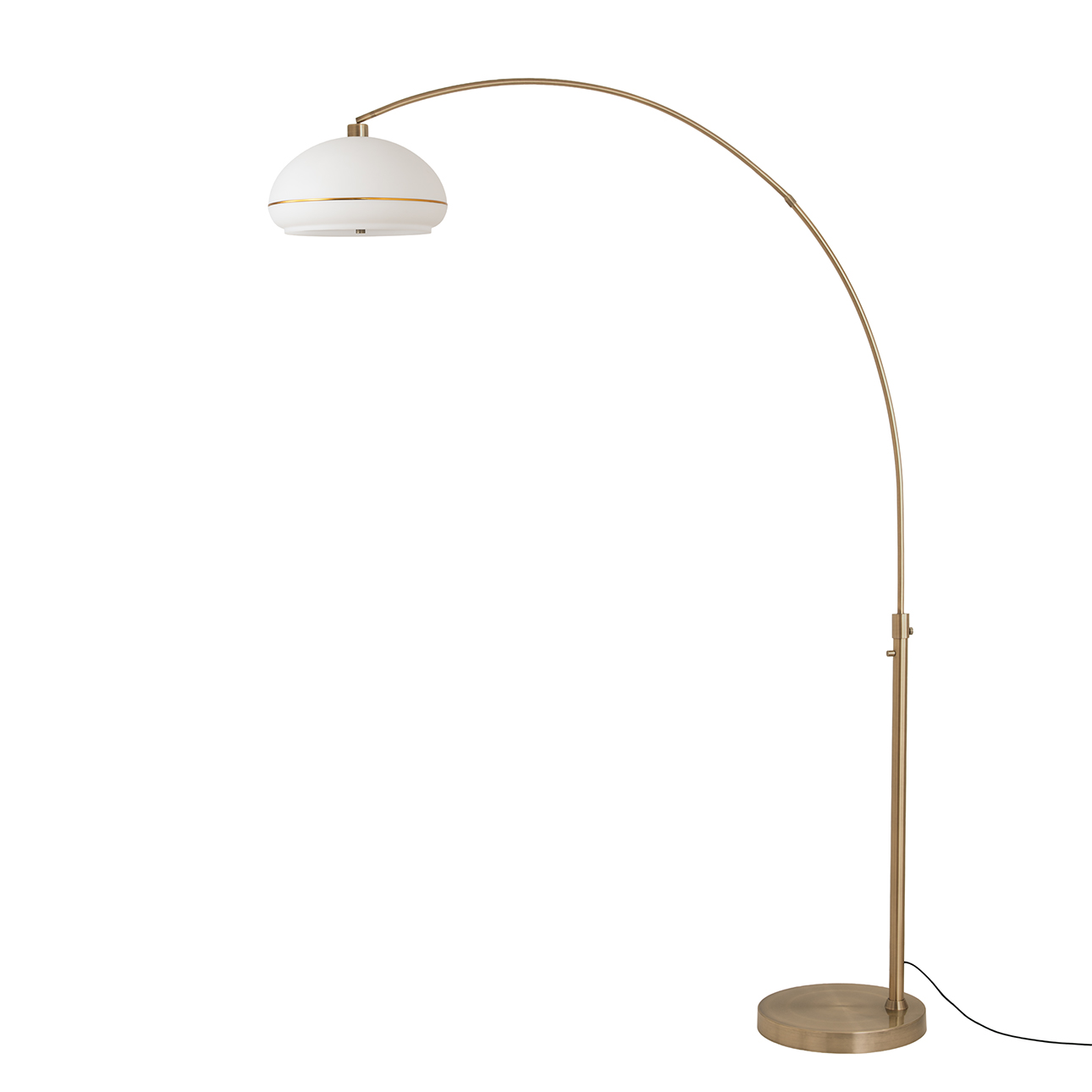 Simple Morelli 85"H 1-Light Arc Lamp, Oval White Lucite Shade, Weathered Brass Steel Body & Base, Column Stem Switch, Dimmable, Bulb Included