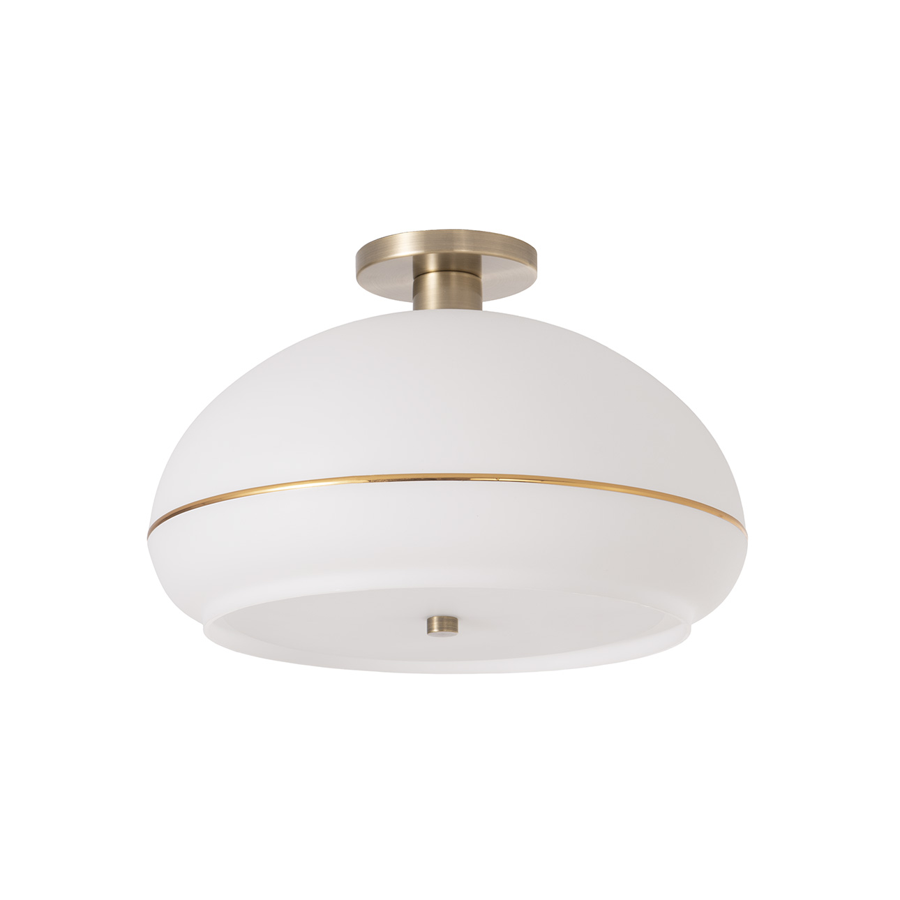 Morelli Flush Mount, White Lucite Shade, Weathered Brass Steel Body & Base
