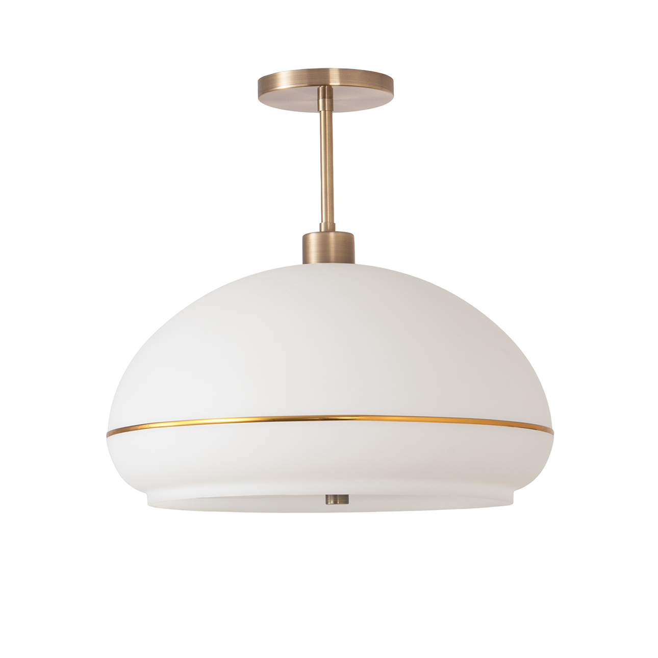 Morelli Semi Flush Mount, White Lucite Shade, Weathered Brass Steel Body, Weathered Brass Steel Base