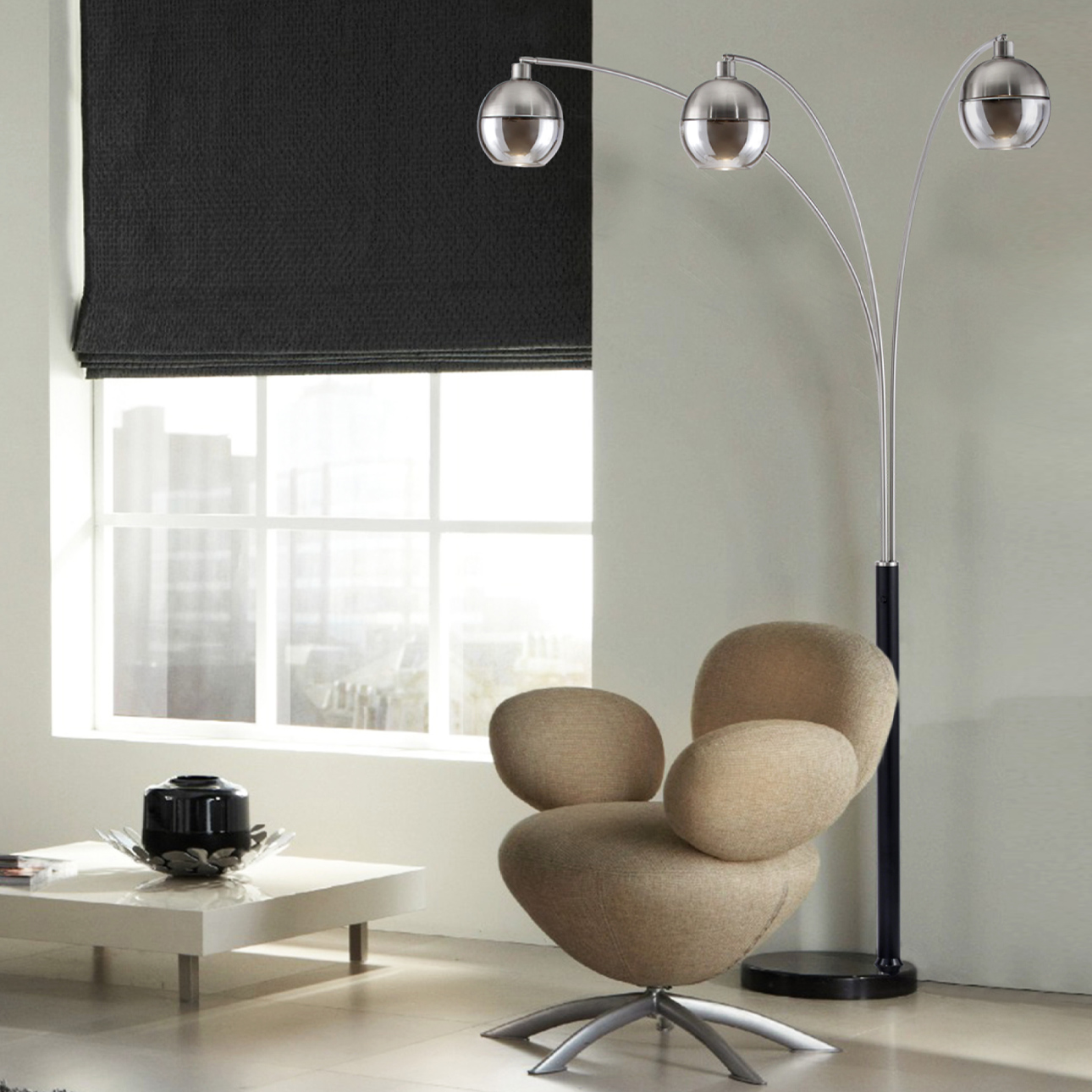 Orson Three Light Arc Floor Lamp with Smoky Mirrored Globes