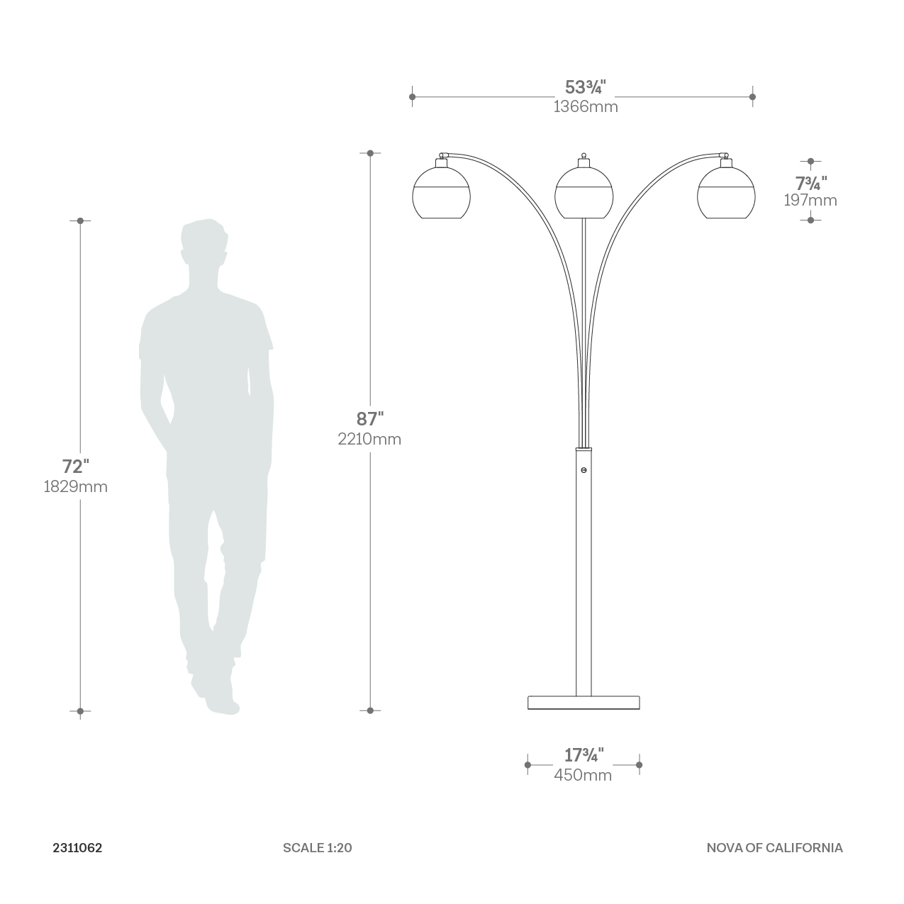 Orson Three Light Arc Floor Lamp with Smoky Mirrored Globes