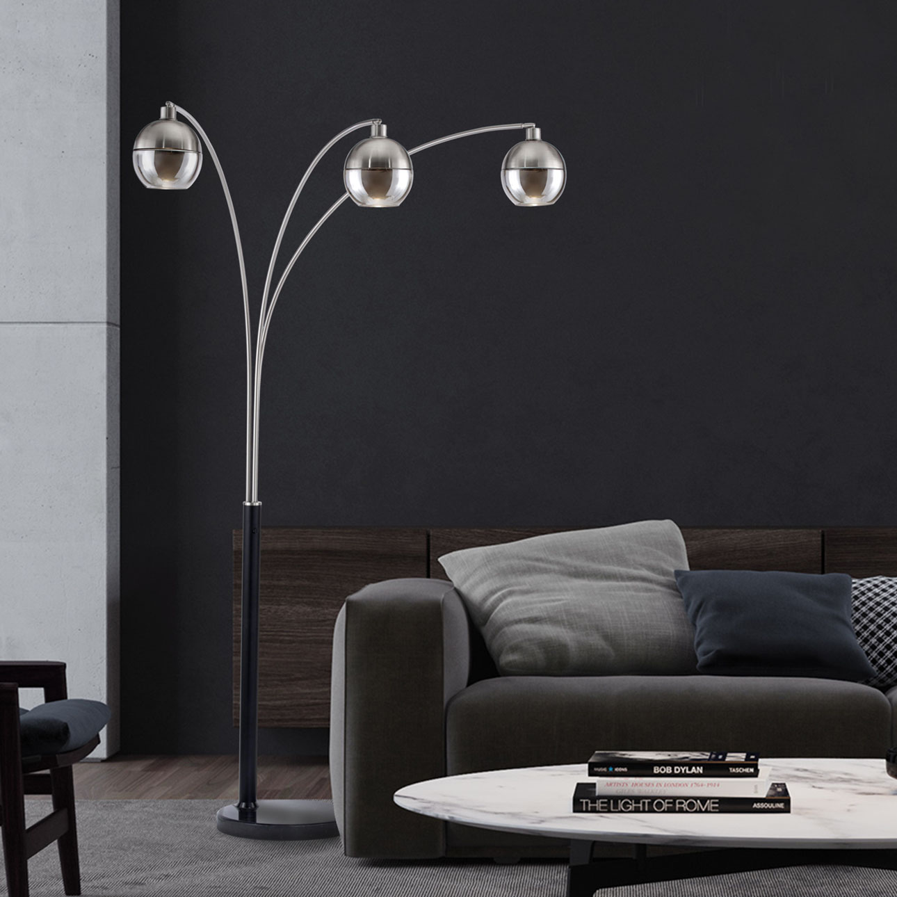 Orson Three Light Arc Floor Lamp with Smoky Mirrored Globes
