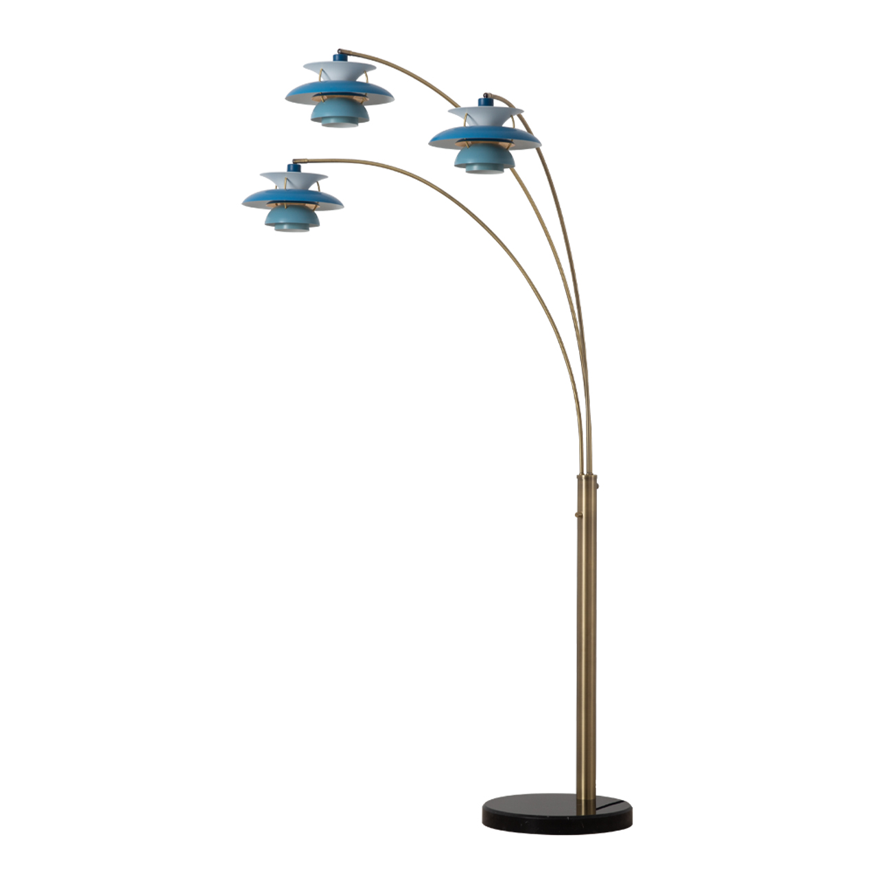 Palm Springs 3 Light Arc Floor Lamp – 84″, Weathered Brass & Blue tonal shades, Marble base, Dimmer Switch