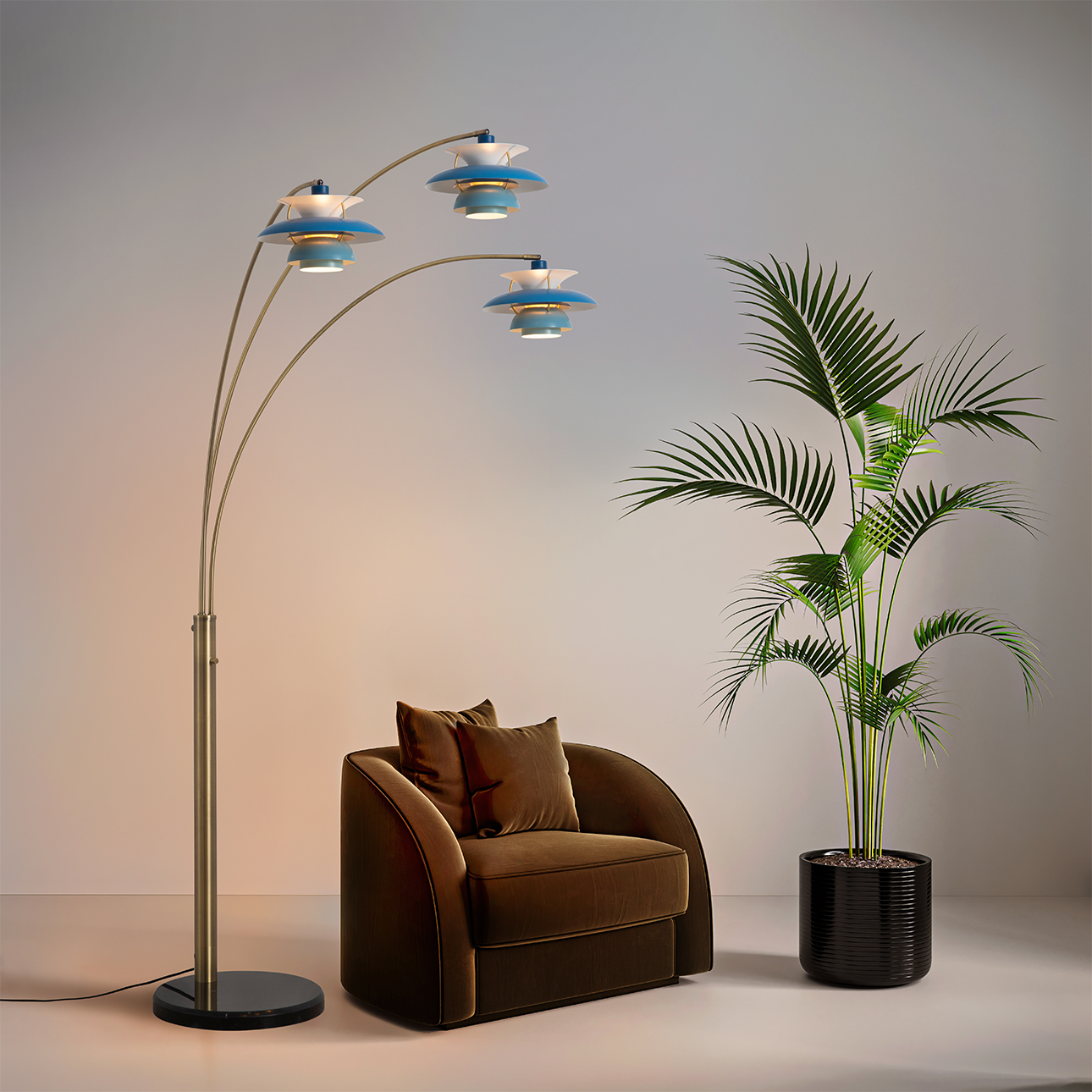 Palm Springs 3 Light Arc Floor Lamp – 84″, Weathered Brass & Blue tonal shades, Marble base, Dimmer Switch
