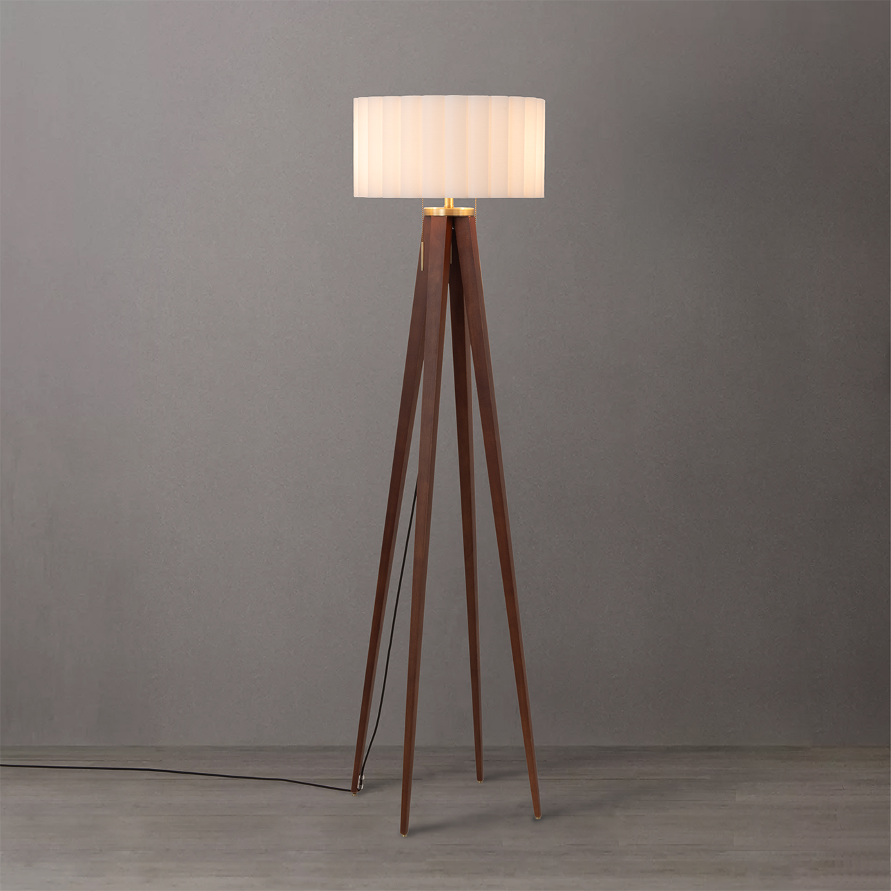 Quattro Floor Lamp, Scallop White Shade, Weathered Brass, Dark Walnut