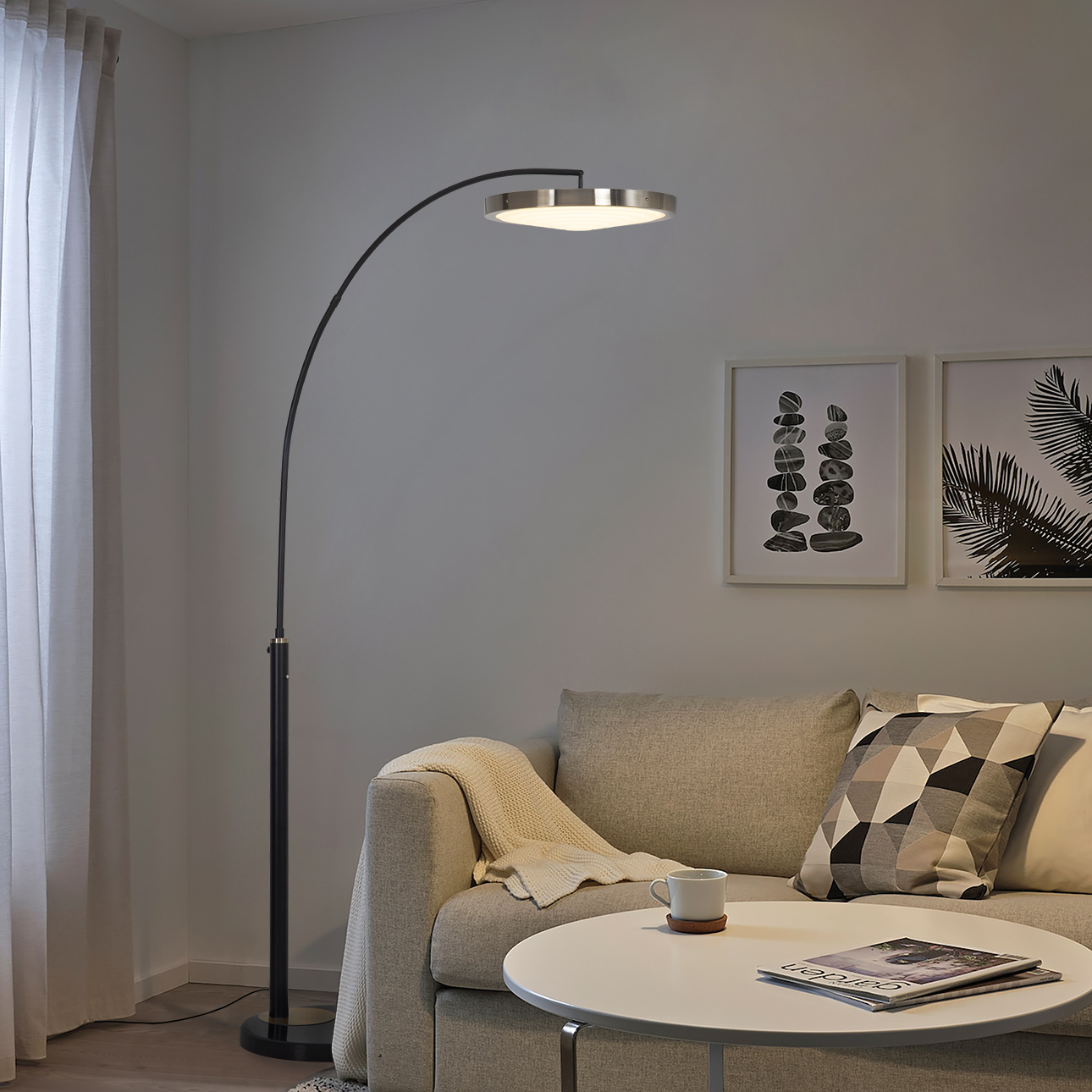 Redondo 1 Light LED Arc Floor Lamp – Matte Black Finish, Weathered Brass, Black Marble Base, Dimmer