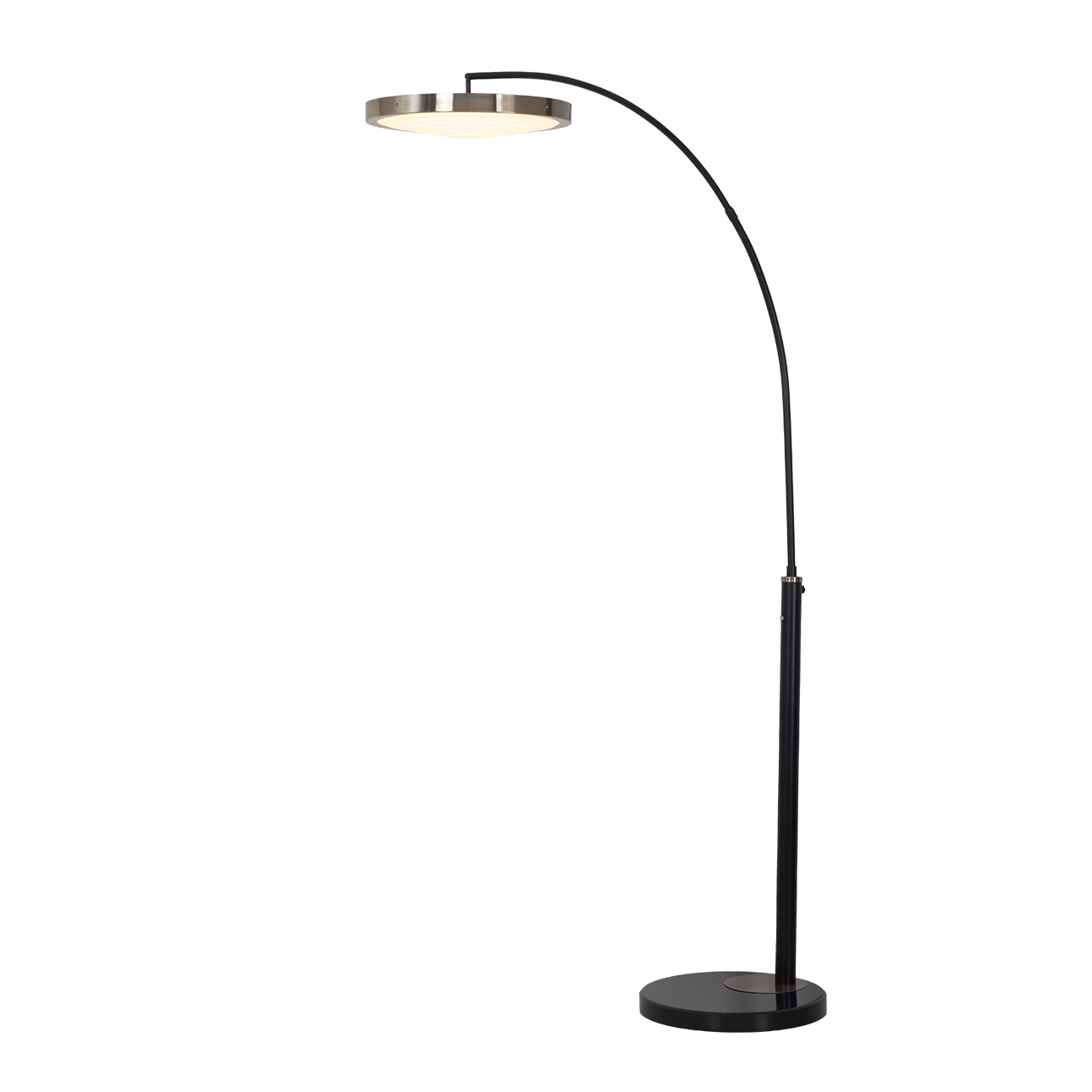 Redondo 1 Light LED Arc Floor Lamp - Matte Black Finish, Weathered Brass, Black Marble Base, Dimmer