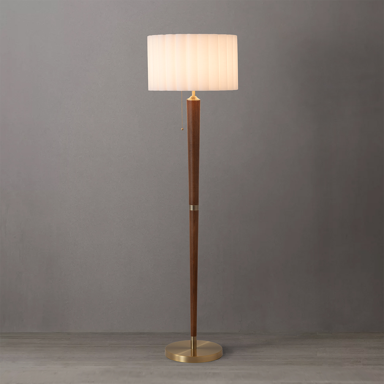 Scalloped Floor Lamp – Walnut, Weathered Brass, White Linen, On/Off Pull Chain