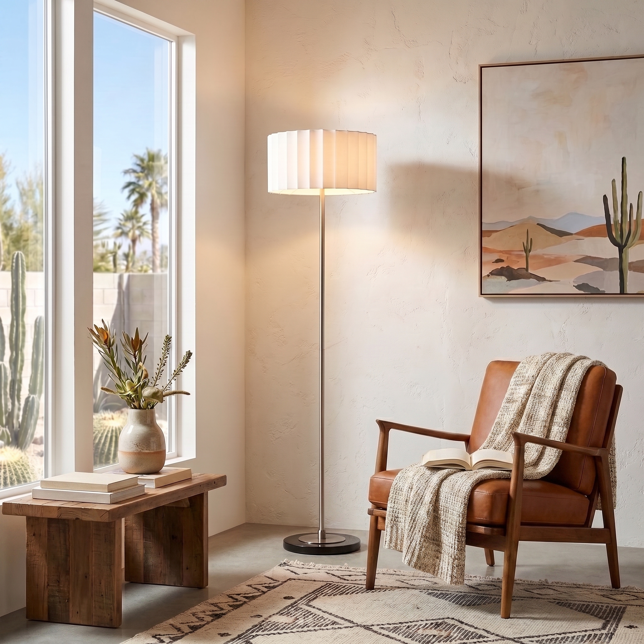 Scallop Slimline Floor Lamp, Scallop Shade, Satin Nickel Base