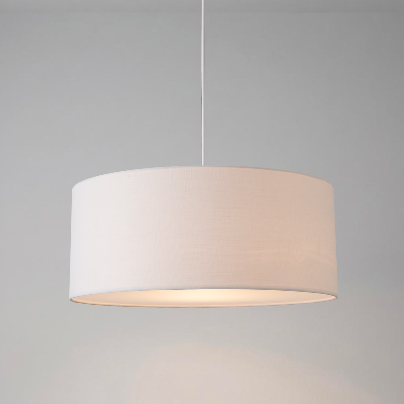 Stretch Pendant, 22″ Linen Drum Shade, Satin Nickel, Dimmable