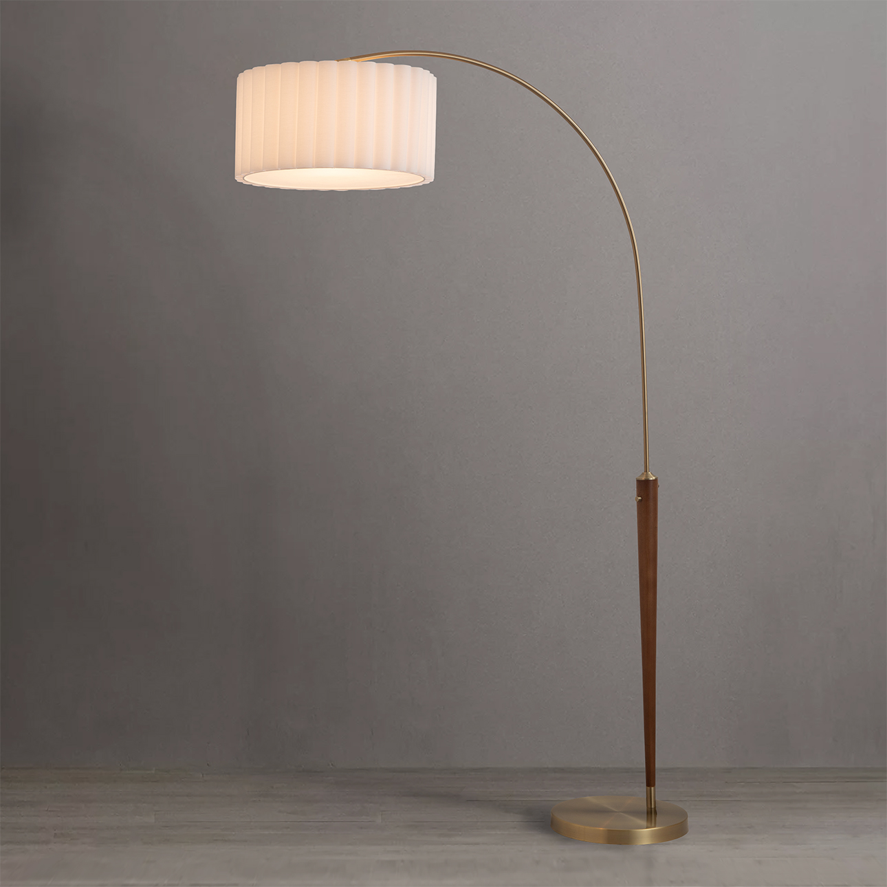 Scalloped One Light Arc Floor Lamp in Walnut and Weathered Brass
