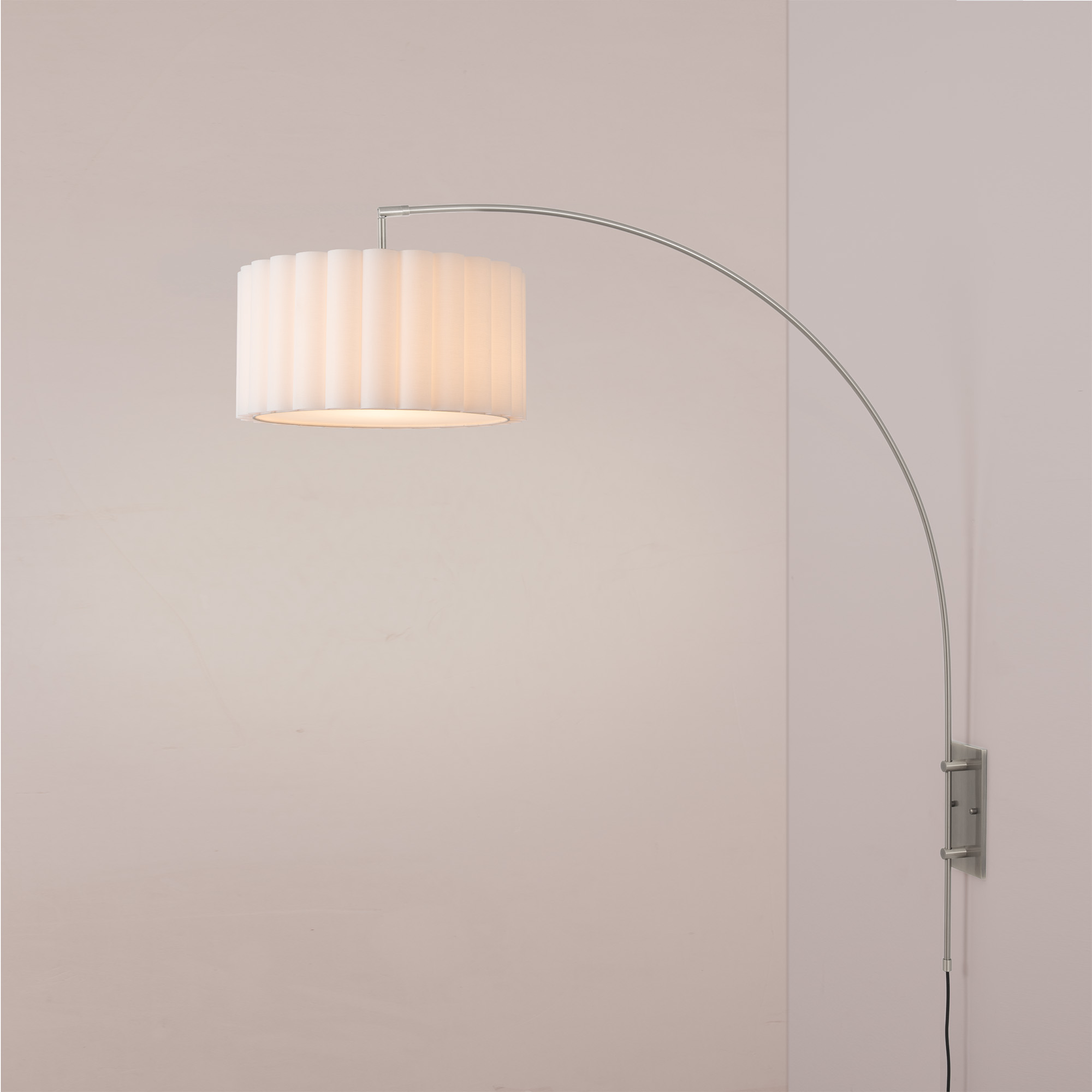 Wall Mounted Scallop Arc Lamp, Fabric Shade, Satin Nickel Satin Nickel Steel Base, Floor Foot Slide Dimmer