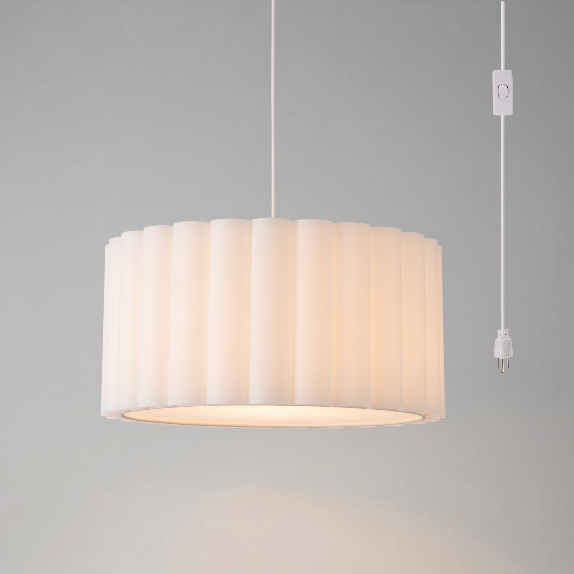 Scallop Swag Lamp, Drum White Linen Scallop Shade, Satin Nickel Steel Body, Satin Nickel Steel Base, Inline Dimmer