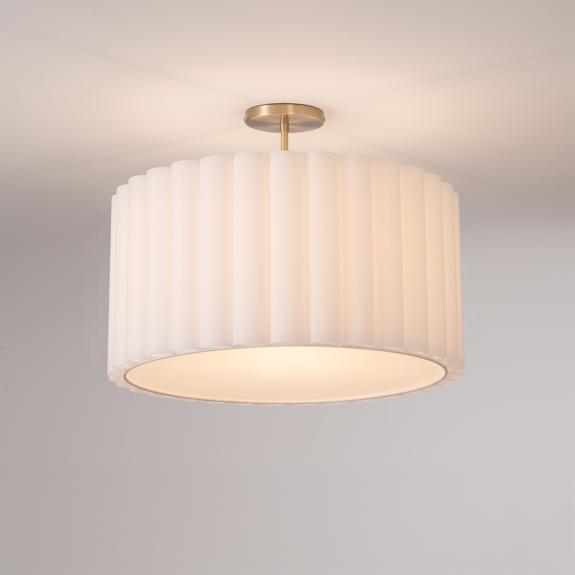Scallop Semi Flush Mount, Drum White Linen Scallop Shade, Weathered Brass, Not Included ELV Dimmer
