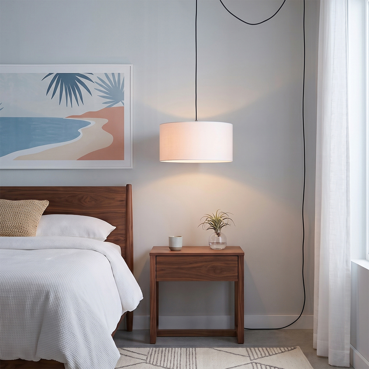 Stretch 15″ Swag Lamp – Weathered Brass Steel, Steel Base, White Linen Drum Shade, Dimmable