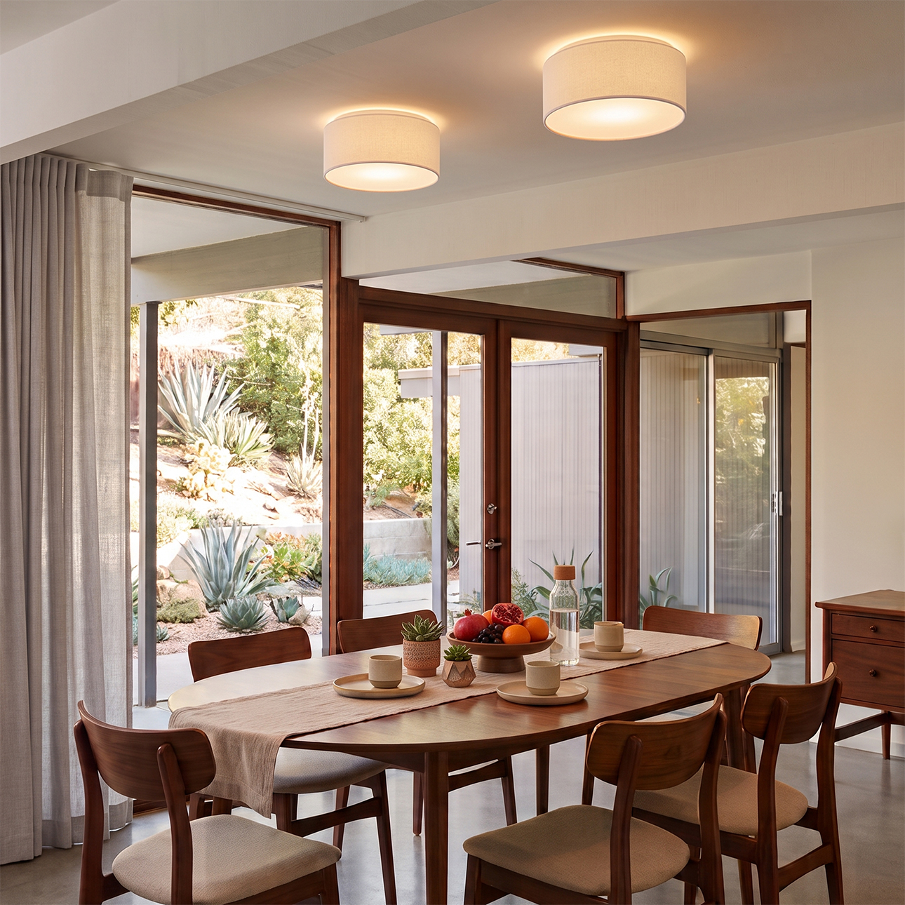 Stretch Flush Mount – Weathered Brass Steel, Steel Base, Linen Drum Shade, Dimmable