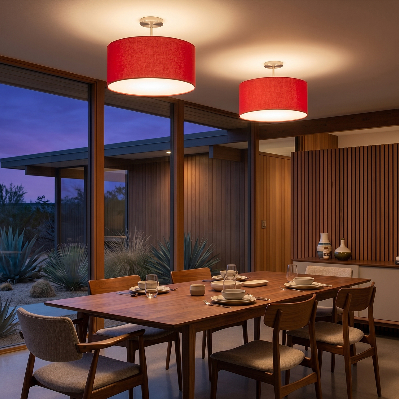 Stretch Semi Flush Mount, Drum Crimson Red , Satin Nickel Steel Body, Satin Nickel Steel Base, Not Included ELV Dimmer