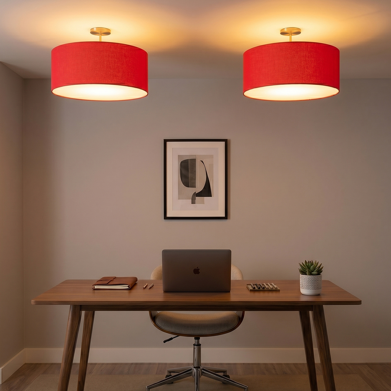 Stretch Semi Flush Mount, Drum Crimson Red , Weathered Brass Steel Body, Weathered Brass Steel Base, Not Included ELV Dimmer