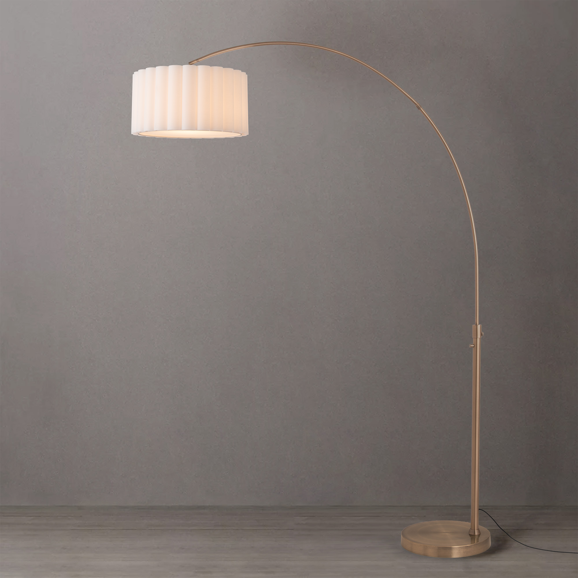 Float Scallop 92″H 1-Light Arc Lamp, Scallop White Linen Shade, Weathered Brass Steel Body, Weathered Brass Steel Base, Column Stem Switch