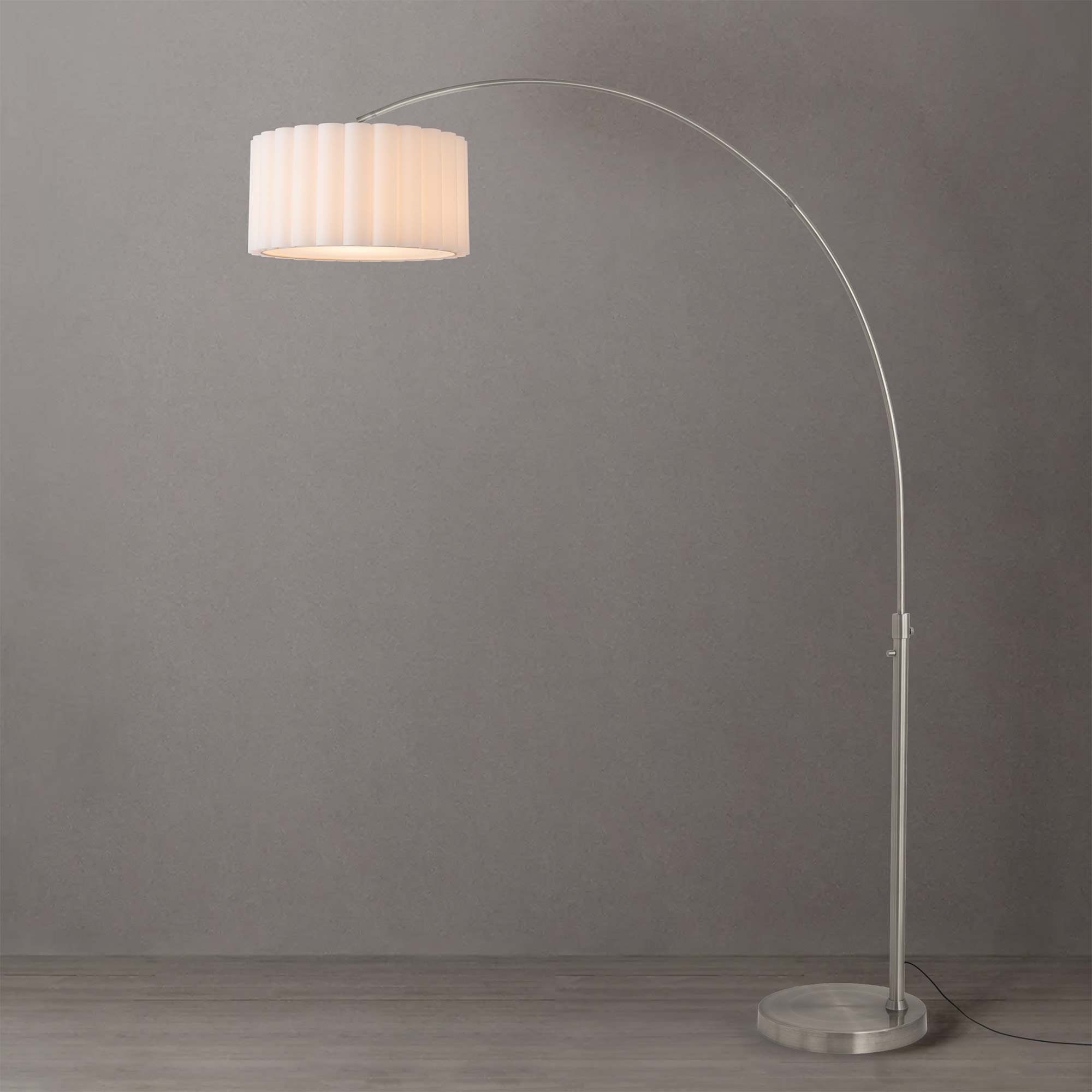 Float Scallop 92″H 1-Light Arc Lamp, Scallop White Linen Shade, Satin Nickel Steel Body, Satin Nickel Steel Base, Column Stem Switch