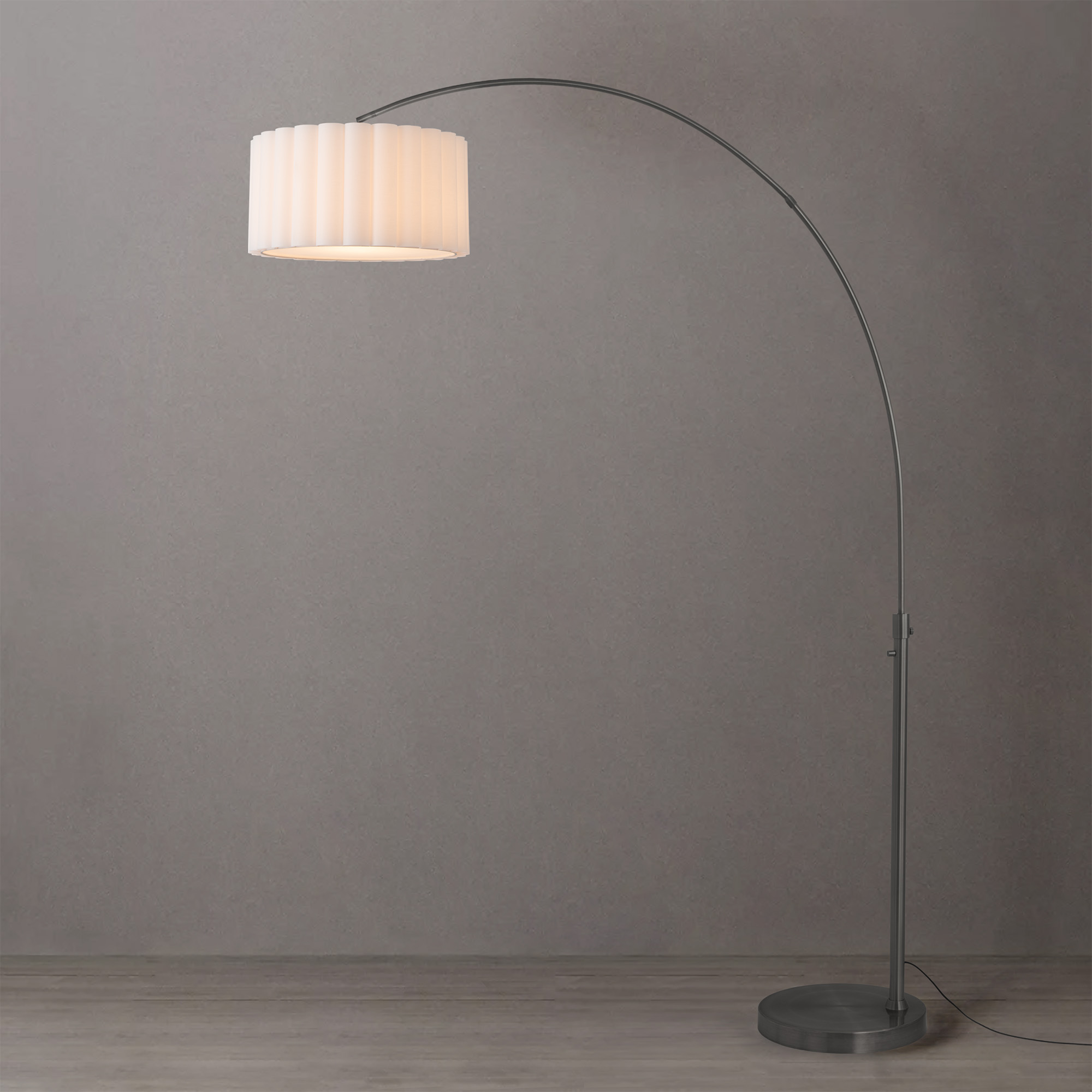 Float Scallop 92″H 1-Light Arc Lamp, Scallop White Linen Shade, Black Nickel Steel Body, Black Nickel Steel Base, Column Stem Switch