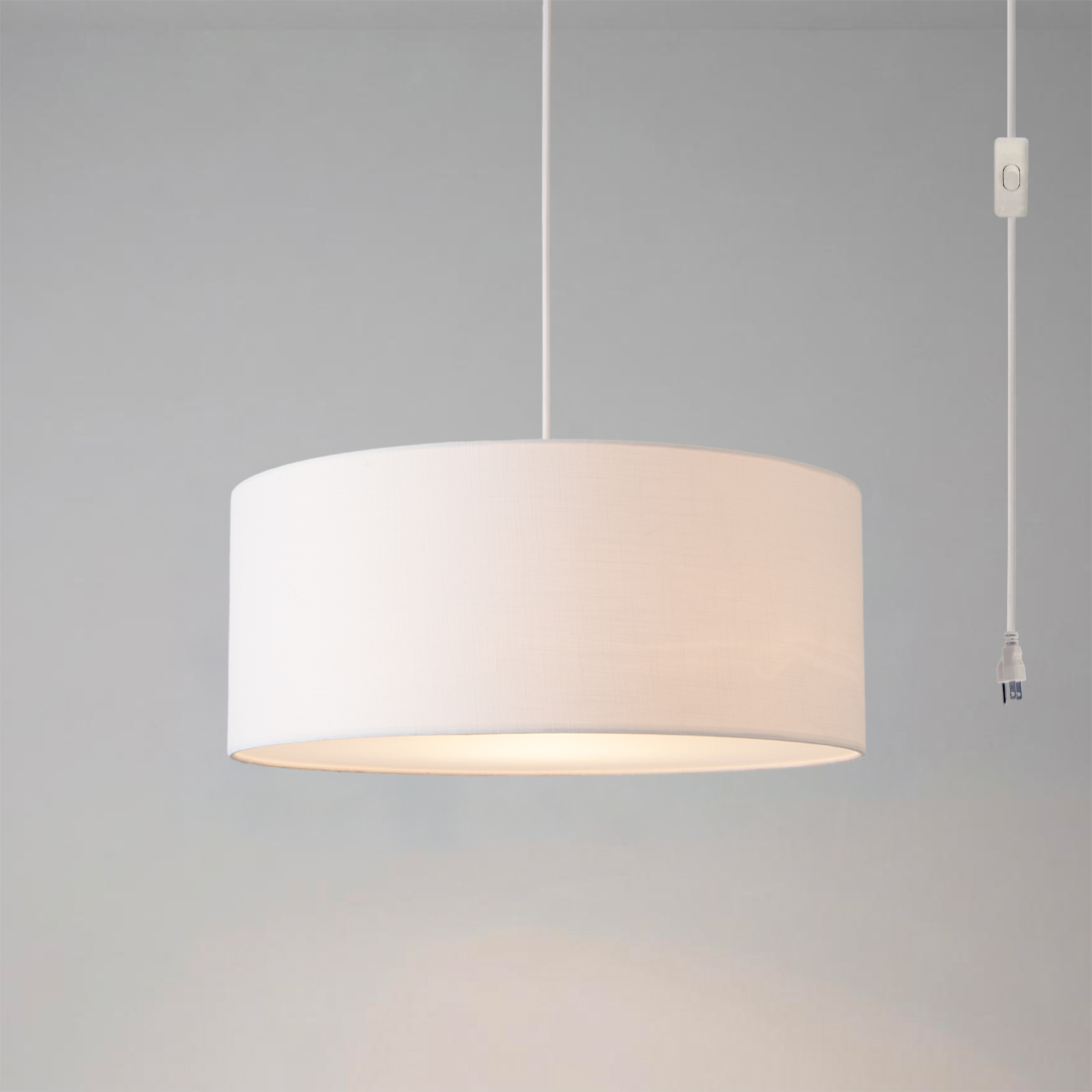 Stretch 15″ Swag Lamp – Satin Nickel Steel, Steel Base, White Linen Drum Shade, Dimmable