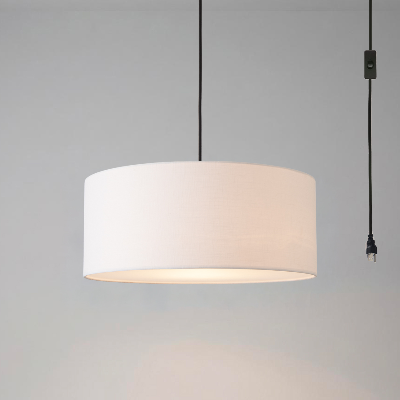 Stretch 15″ Swag Lamp – Weathered Brass Steel, Steel Base, White Linen Drum Shade, Dimmable