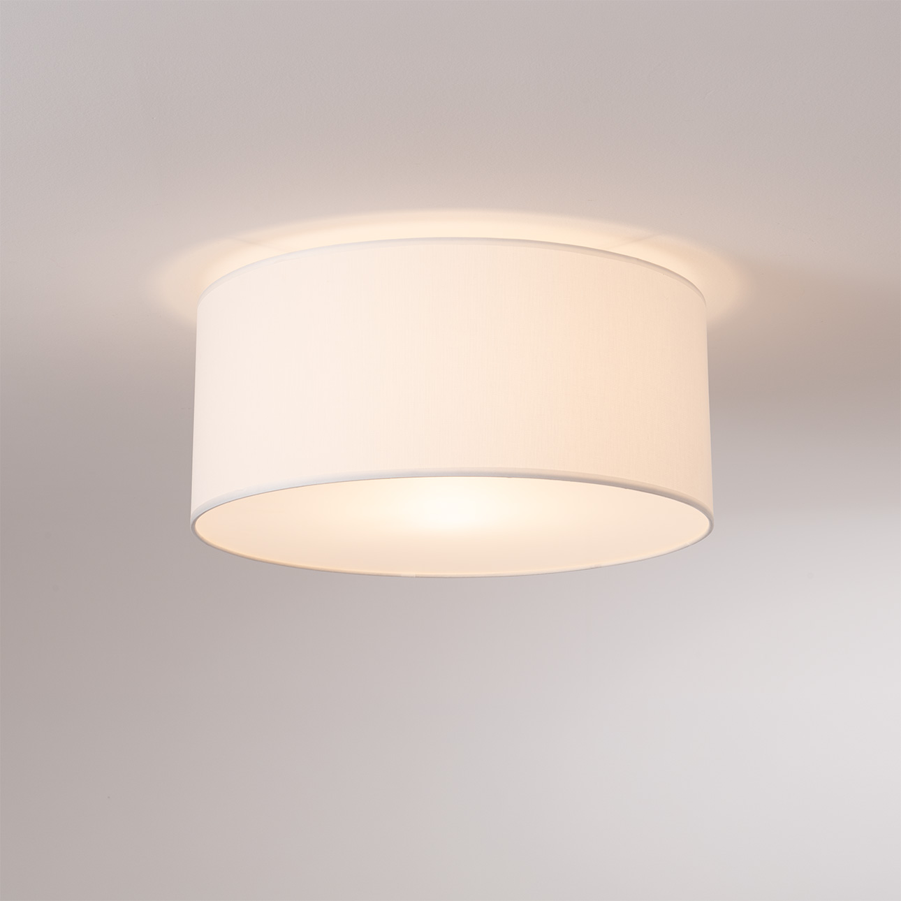 Stretch Flush Mount – Satin Nickel Steel, Steel Base, White Linen Drum Shade, Dimmable