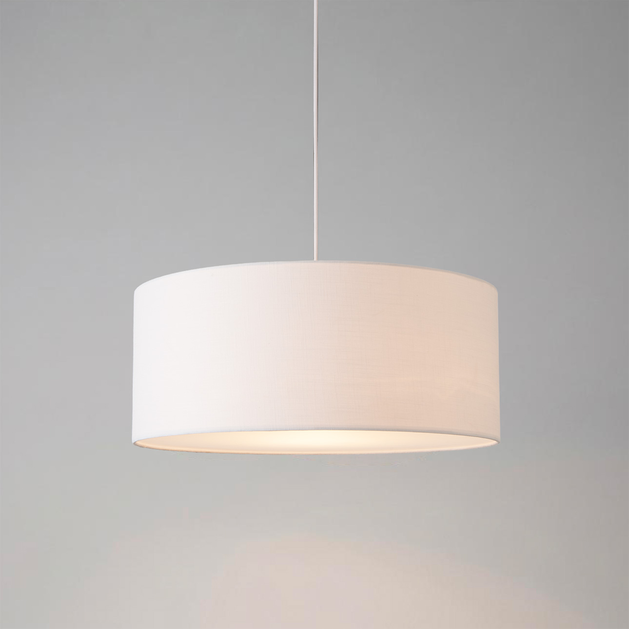Stretch Pendant – Satin Nickel Steel, Steel Base, White Linen Drum Shade, Dimmable
