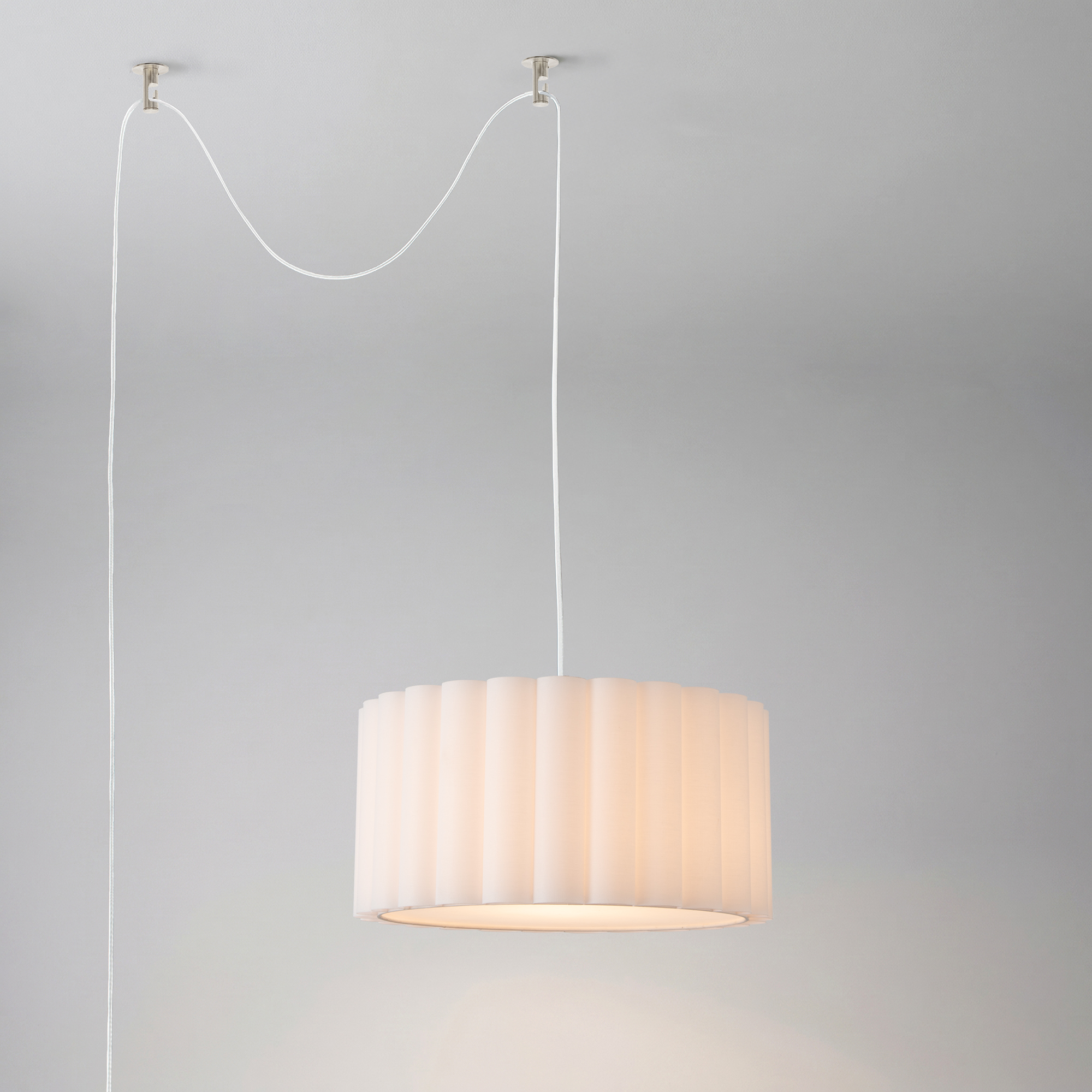 Scallop Swag Lamp, Drum White Linen Scallop Shade, Satin Nickel Steel Body, Satin Nickel Steel Base, Inline Dimmer