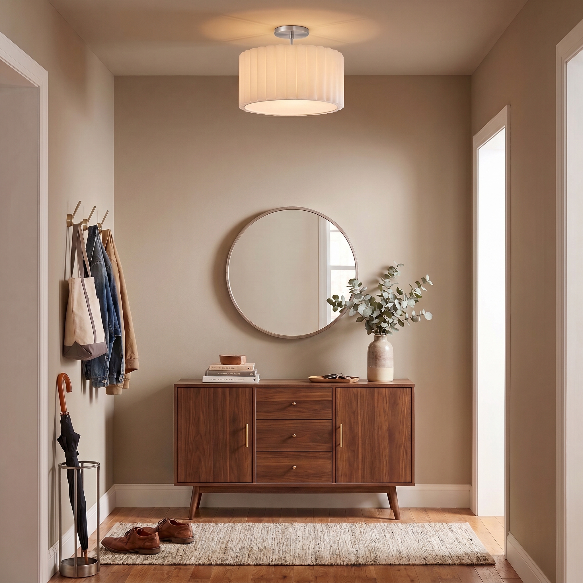 Scallop Semi Flush Mount, Drum White Linen Scallop Shade, Satin Nickel, Not Included ELV Dimmer
