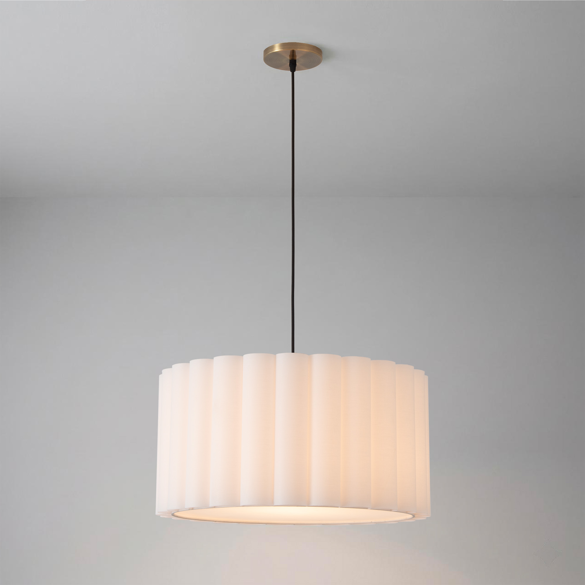 Scallop Pendant, Drum White Linen Scallop Shade, Weathered Brass Steel Body, Weathered Brass Steel Base, Not Included ELV Dimmer