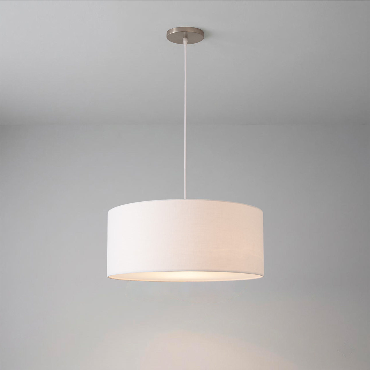 Stretch Pendant – Satin Nickel Steel, Steel Base, White Linen Drum Shade, Dimmable