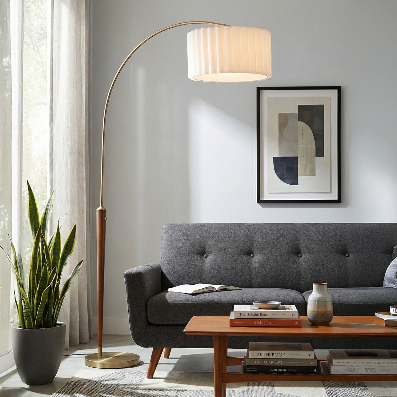 Scalloped One Light Arc Floor Lamp in Walnut and Weathered Brass