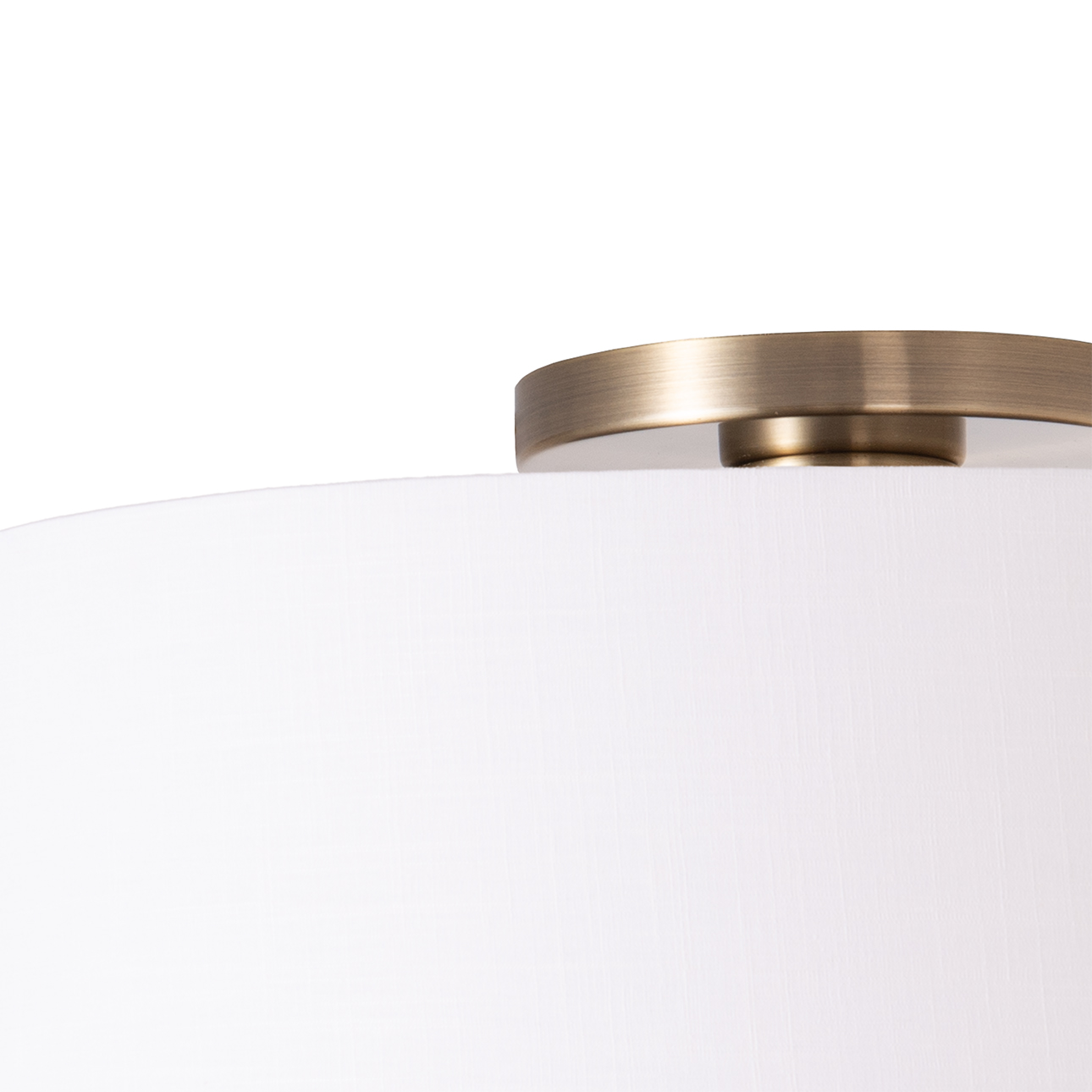 Stretch Flush Mount – Weathered Brass Steel, Steel Base, Linen Drum Shade, Dimmable