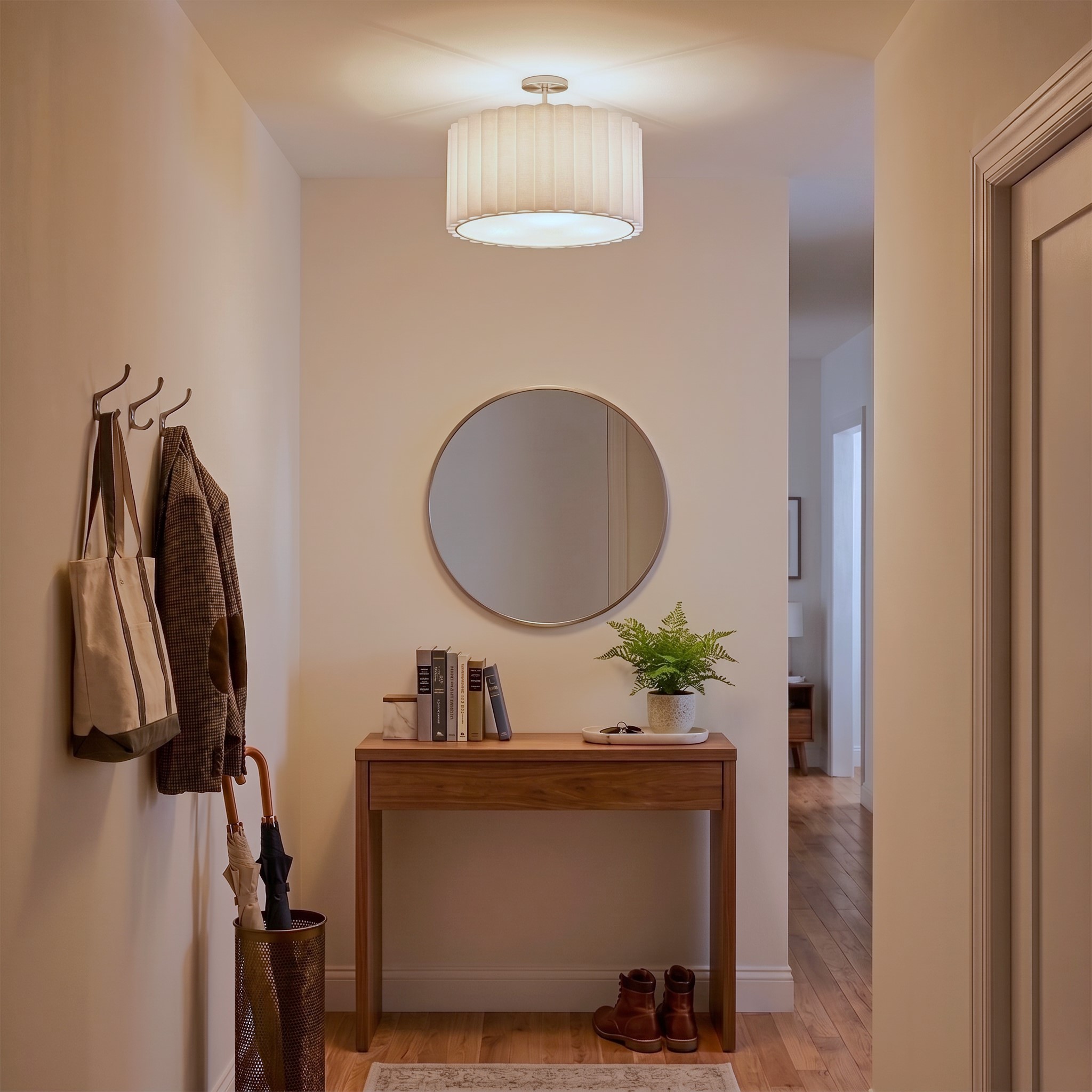 Scallop Semi Flush Mount, Drum White Linen Scallop Shade, Satin Nickel, Not Included ELV Dimmer
