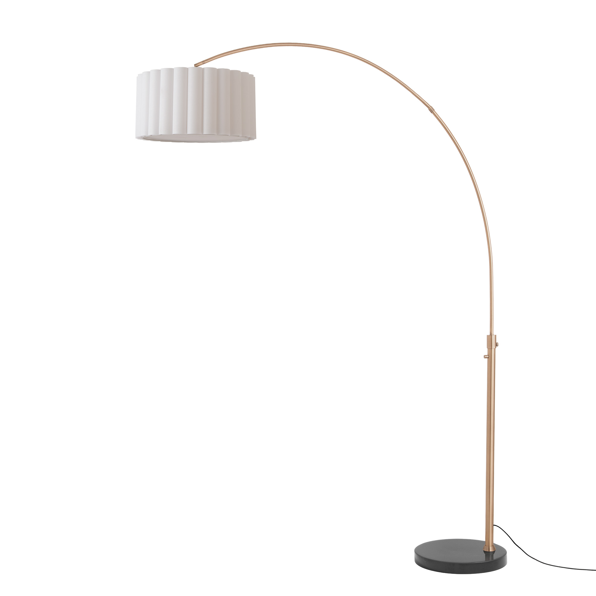 Float Scallop 92"H 1-Light Arc Lamp, Scallop White Linen Shade, Weathered Brass Steel Body, Black Marble Base, Column Stem Switch