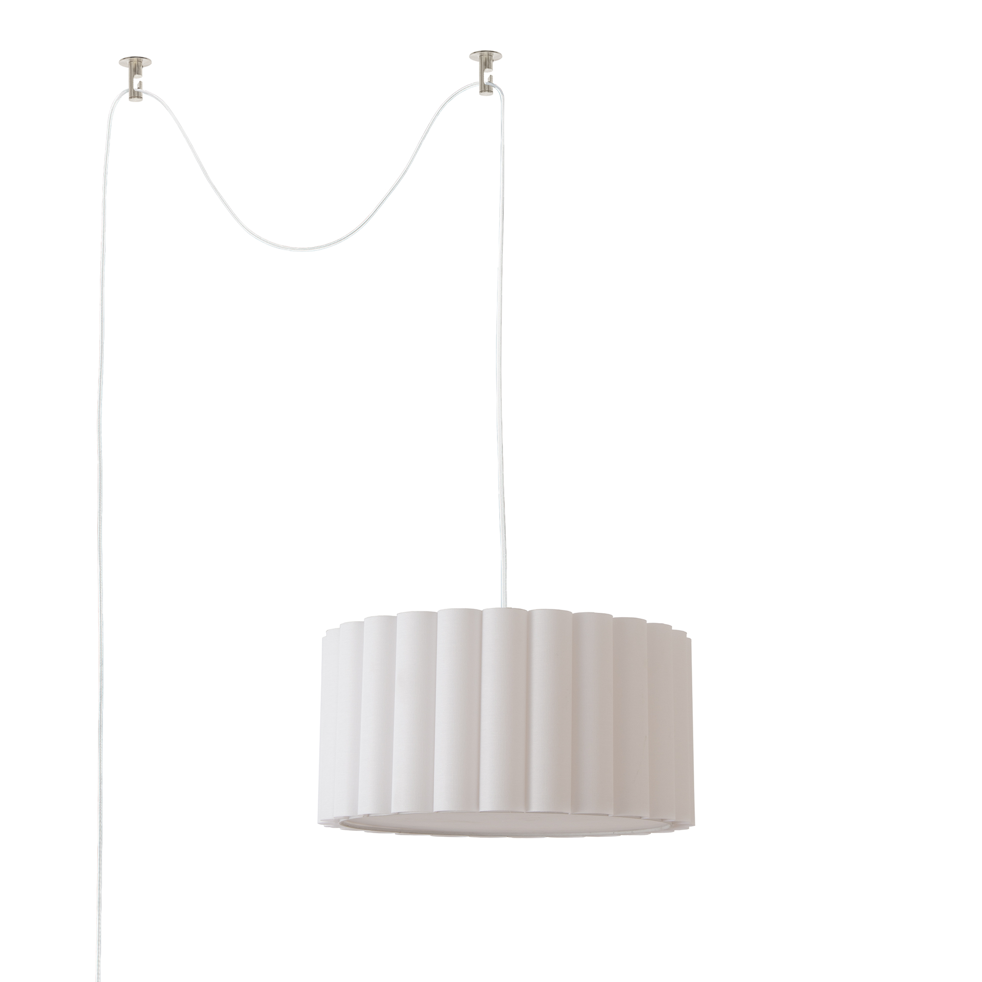 Scallop Swag Lamp, Drum White Linen Scallop Shade, Satin Nickel Steel Body, Satin Nickel Steel Base, Inline Dimmer