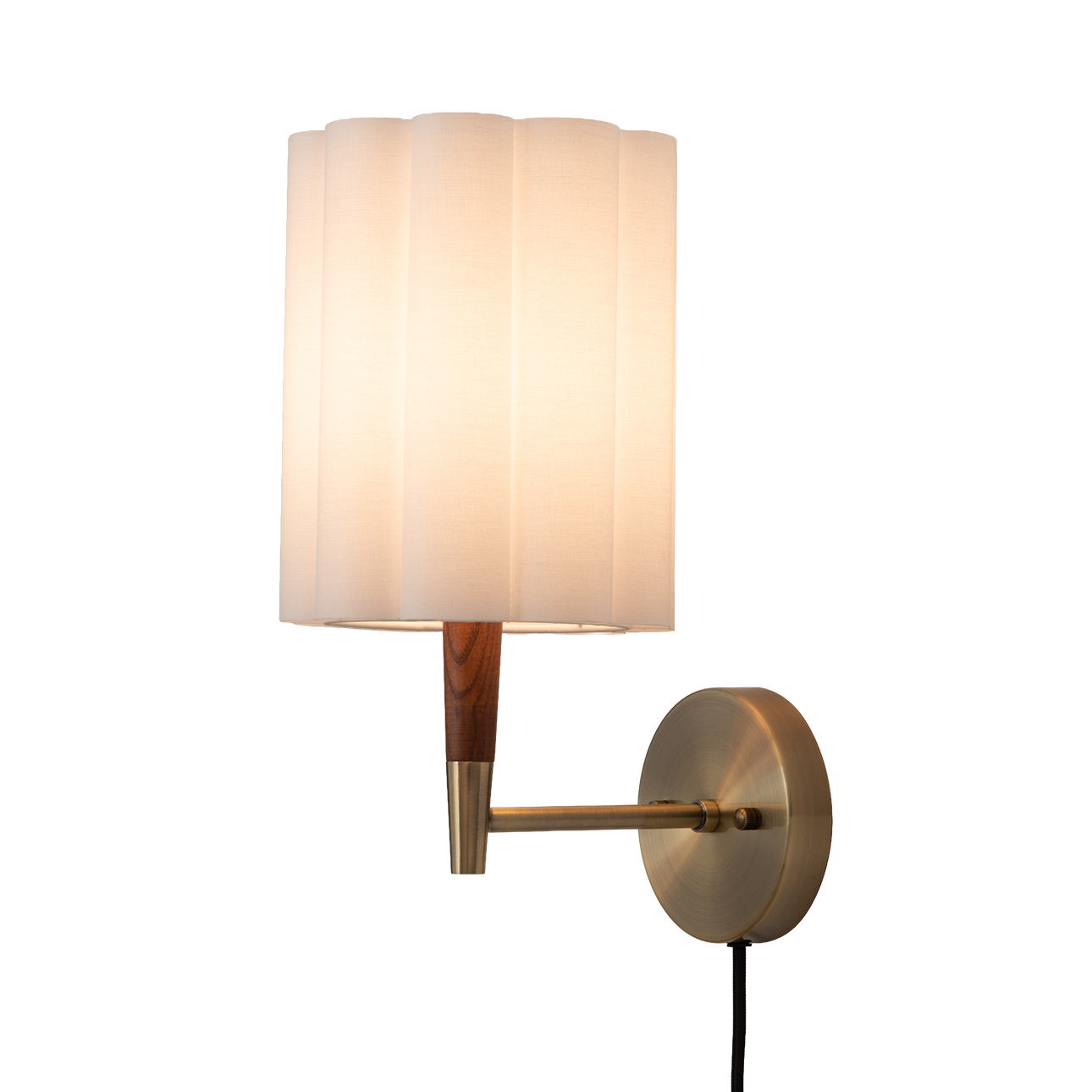 Scalloped Wall Sconce in Walnut and Weathered Brass with White Linen Diffuser