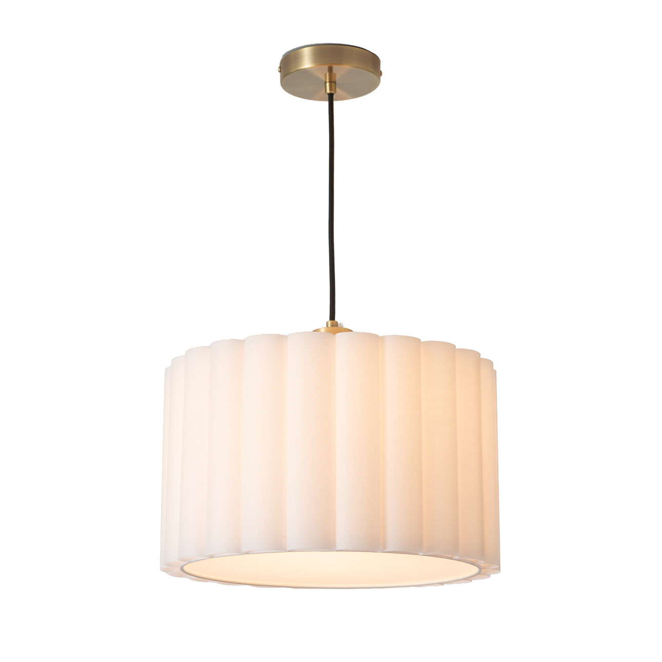 Scalloped Pendant Light - Weathered Brass, White Linen, Diffuser, Dimmable