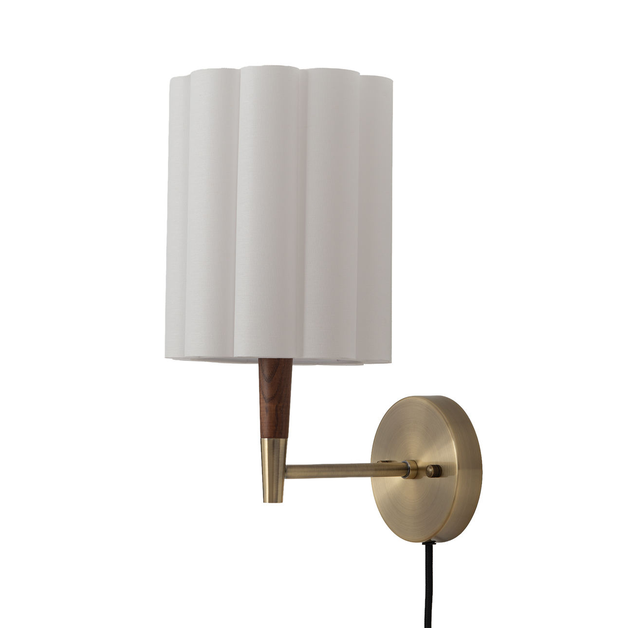 Scalloped Wall Sconce in Walnut and Weathered Brass with White Linen Diffuser